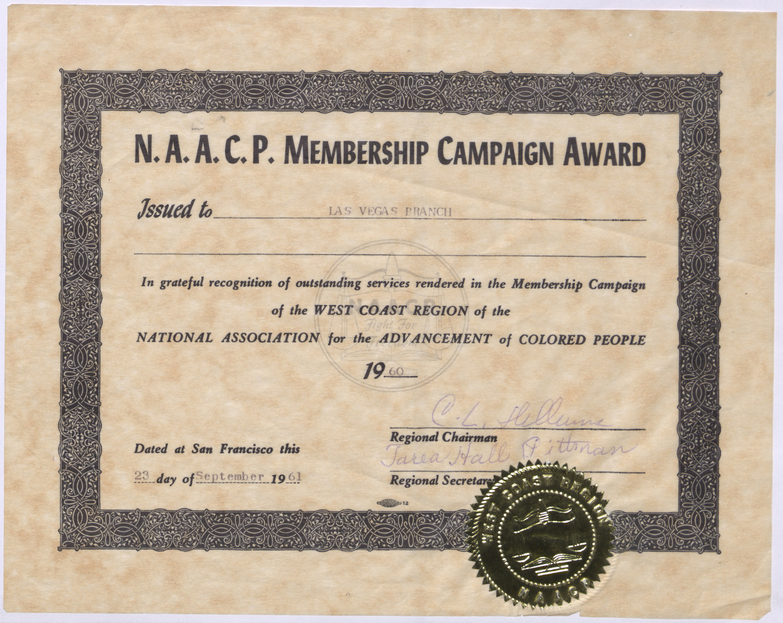 NAACP Membership Campaign Award for Las Vegas branch, 1960