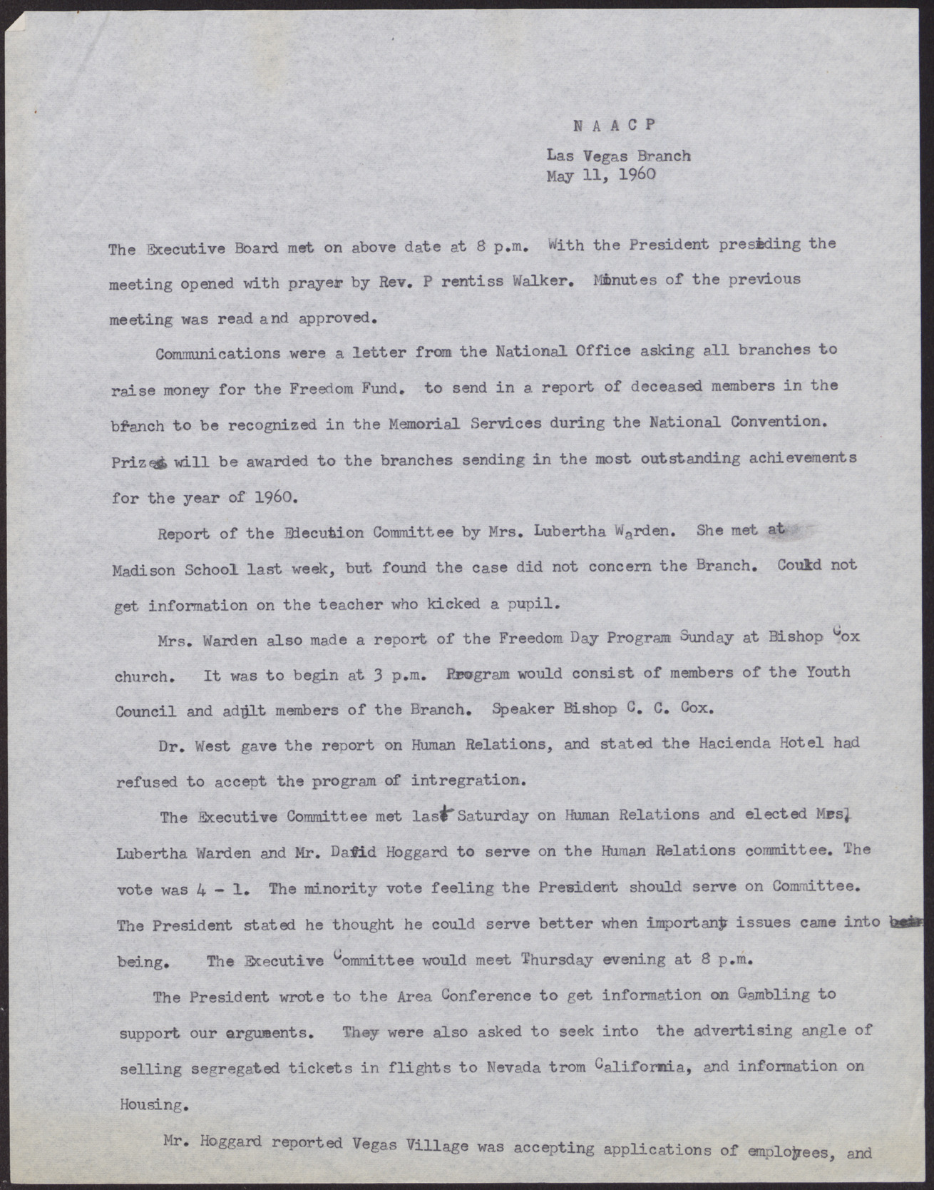 Minutes from a Las Vegas NAACP Executive Board meeting (2 pages), May 11, 1960