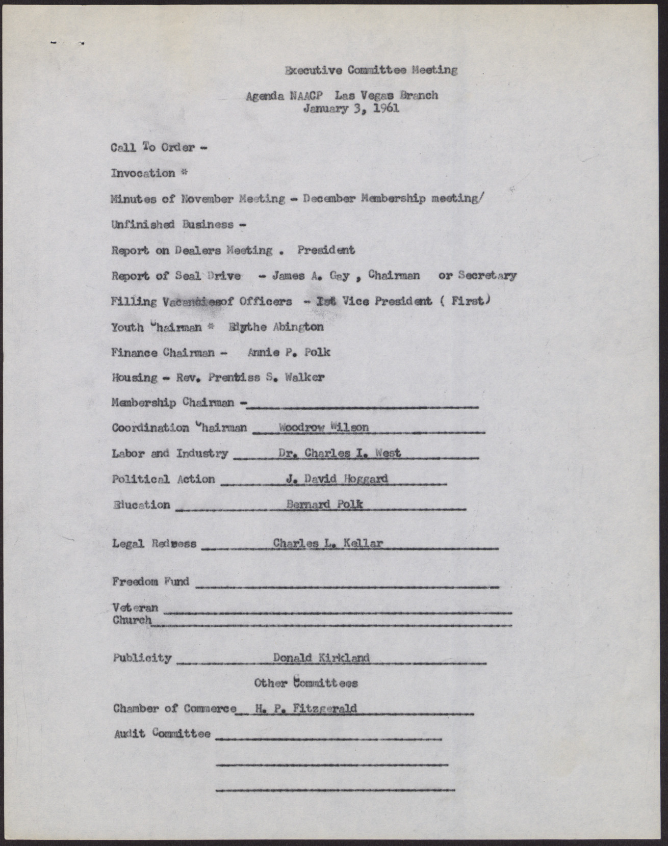 Agenda - Las Vegas NAACP Executive Committee meeting (2 pages), January 3, 1961