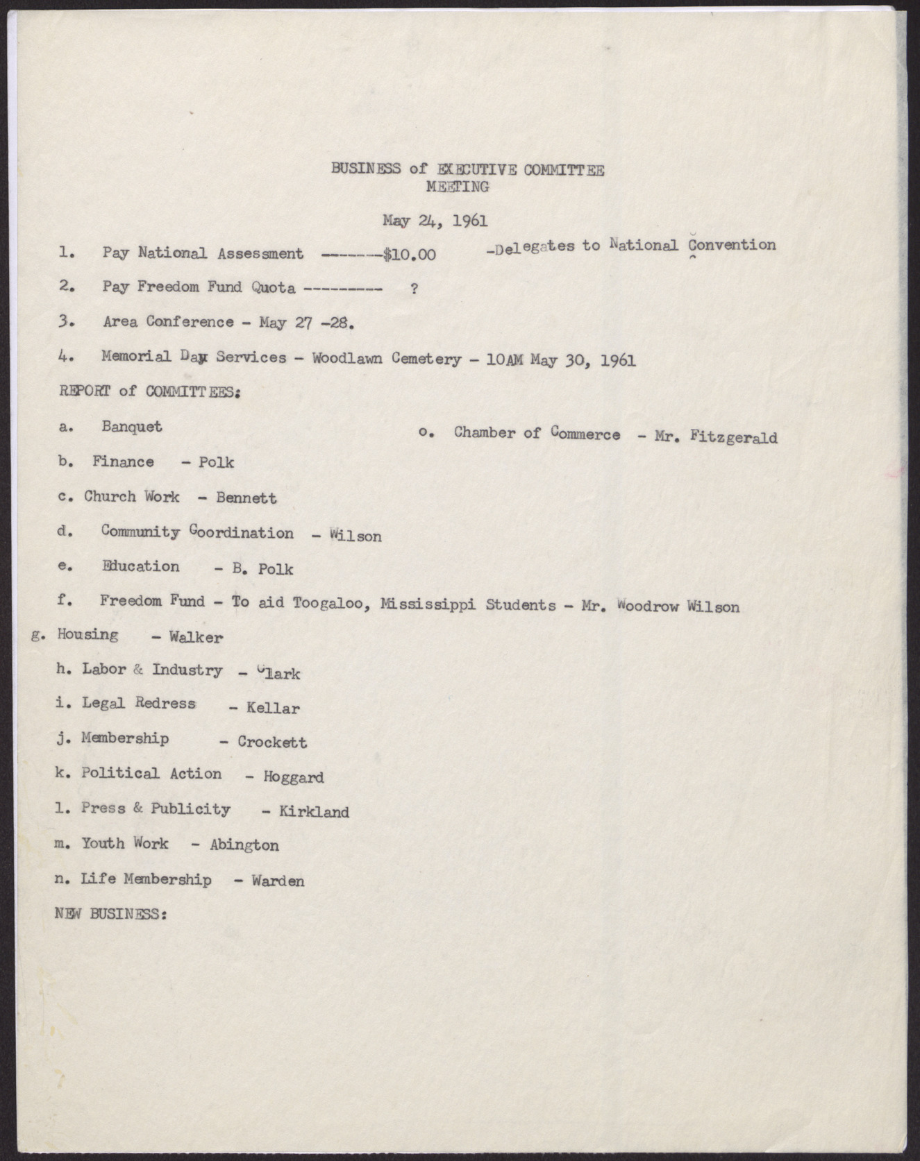 Agenda - Executive Committee meeting, May 24, 1961