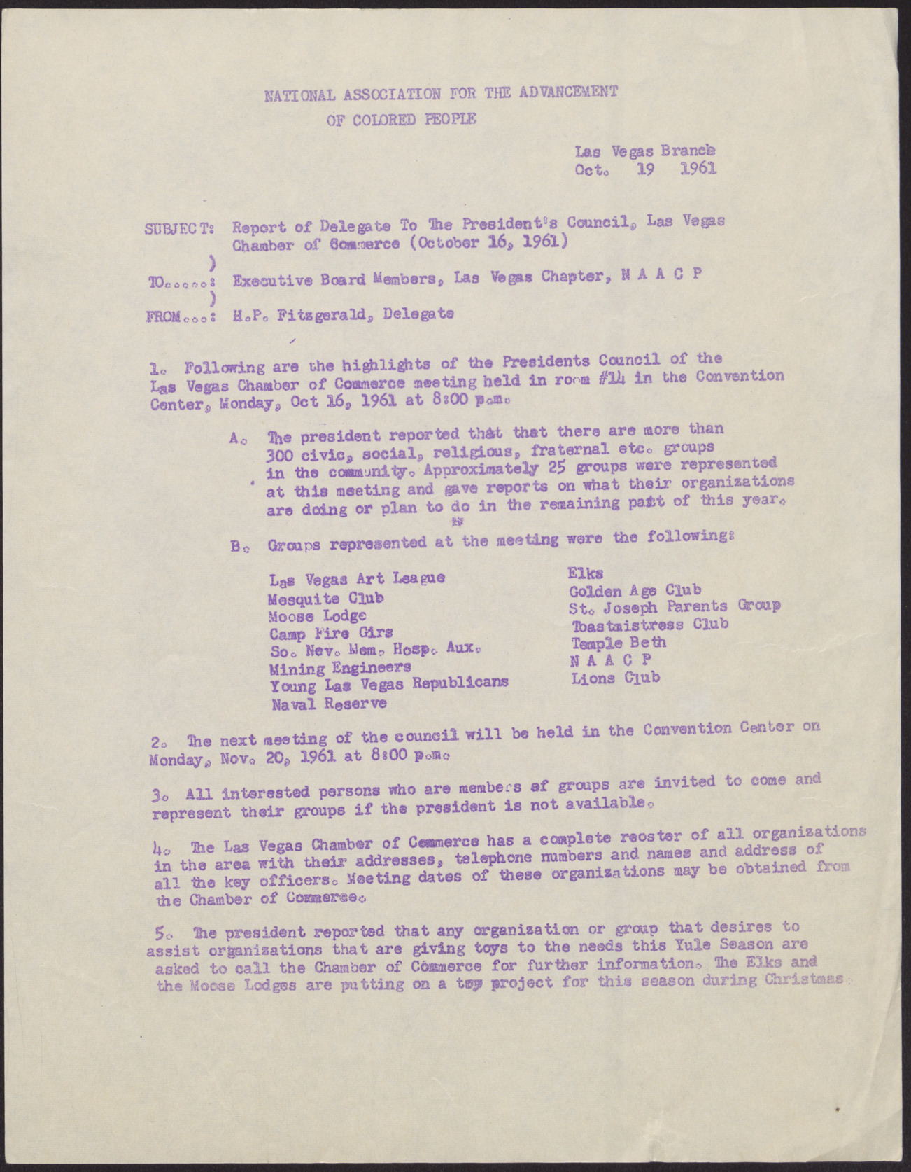 Letter to the Executive Board Members of the Las Vegas NAACP Chapter from H. P. Fitzgerald, October 19, 1961