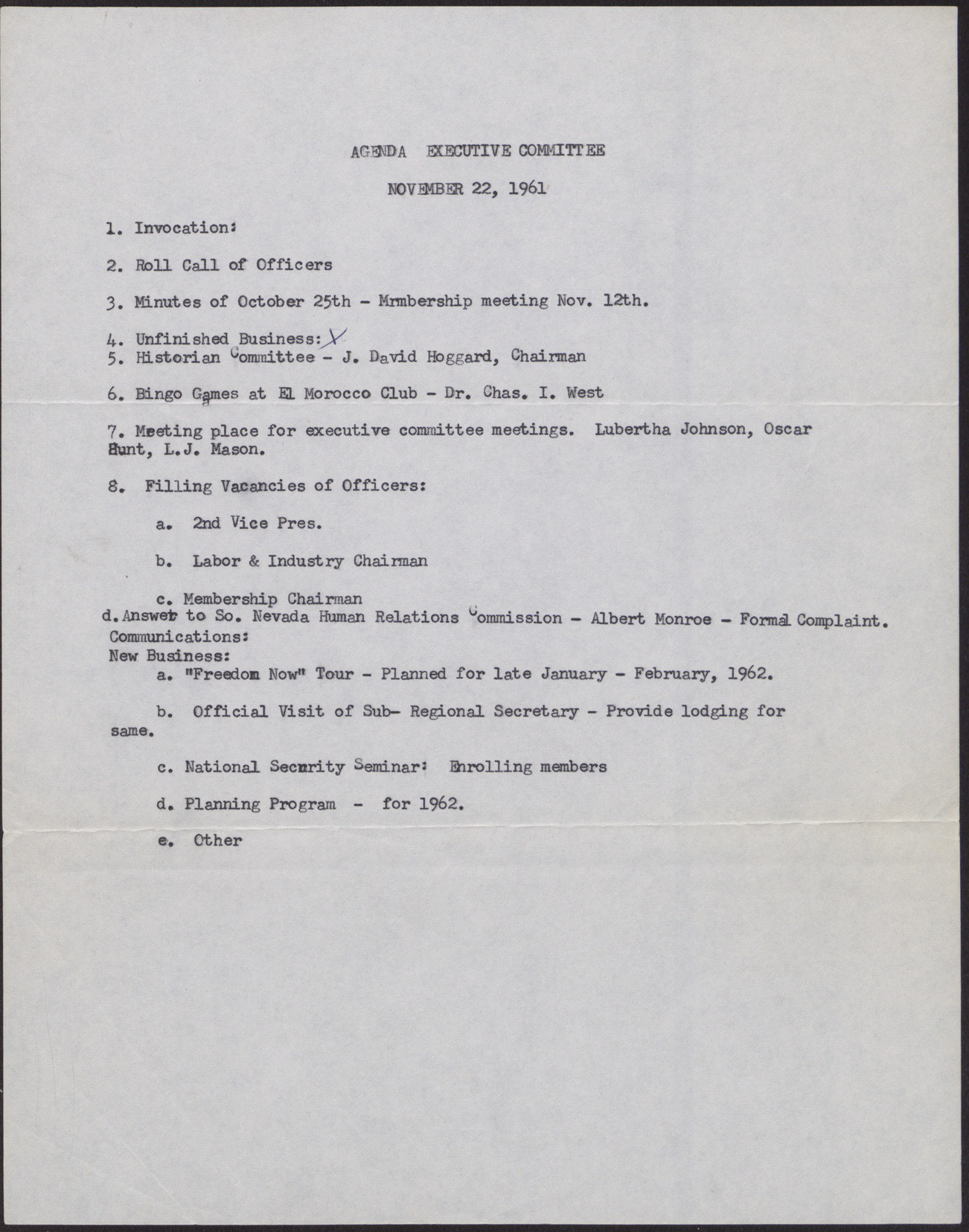 Agenda - Executive Committee Meeting, November 22, 1961
