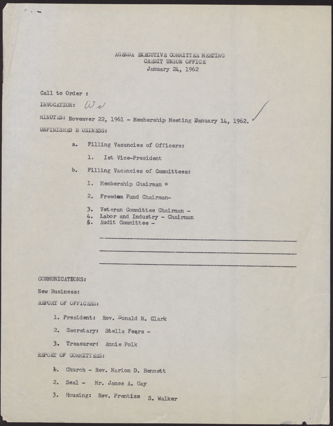 Agenda - Executive Committee Meeting, January 24, 1962