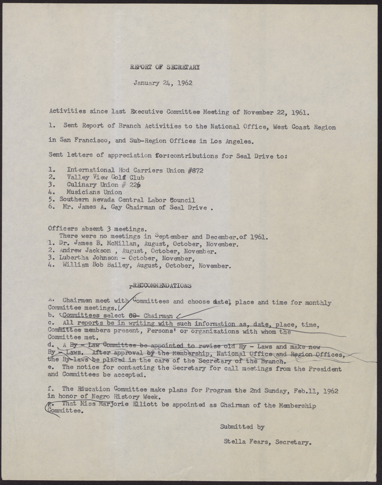 Report of Secretary submitted by Stella Fears, January 24, 1962