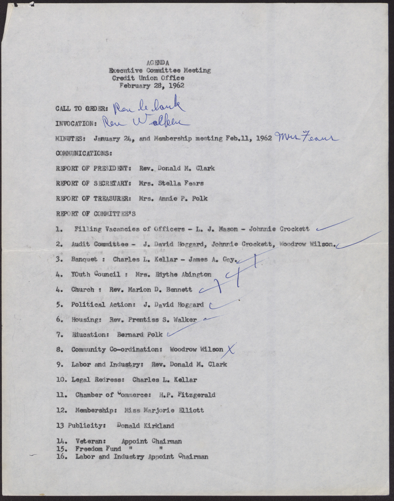 Agenda - Executive Committee Meeting (2 pages), February 28, 1962