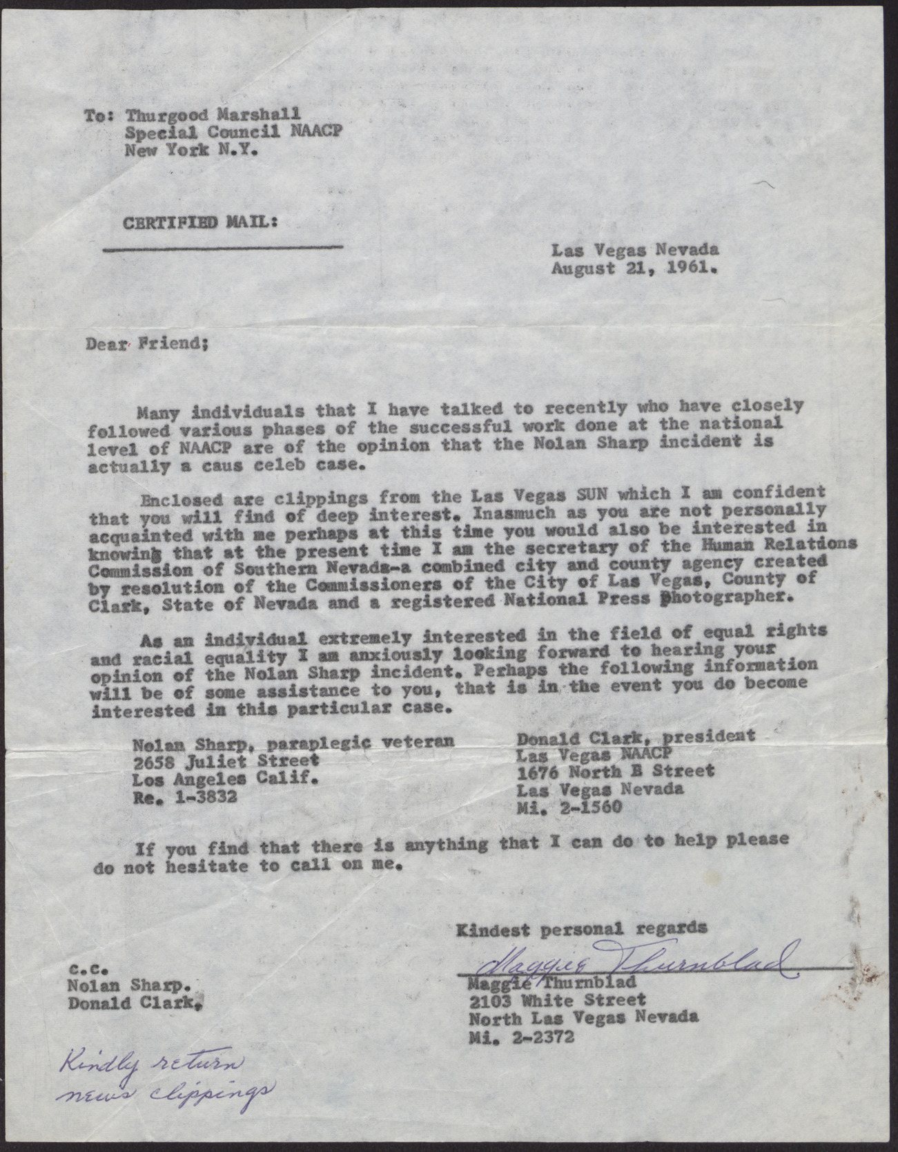 Letter to Thurgood Marshall from Maggie Thurnblad, August 21, 1961