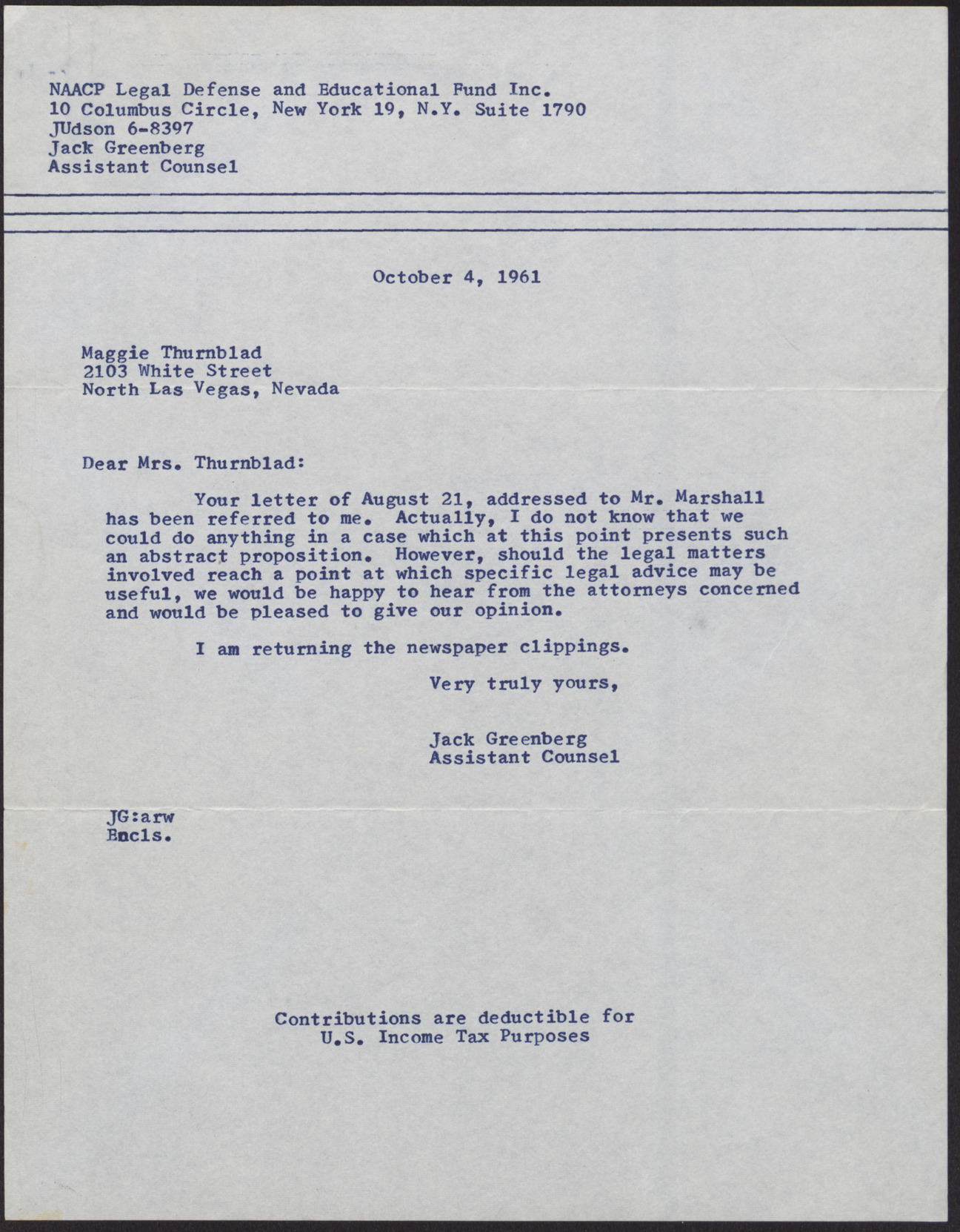 Letter to Maggie Thurnblad from Jack Greenberg, October 4, 1961