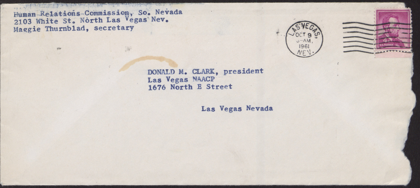 Envelope addressed to Donald M. Clark from Maggie Thurnblad, postmarked October 9, 1961