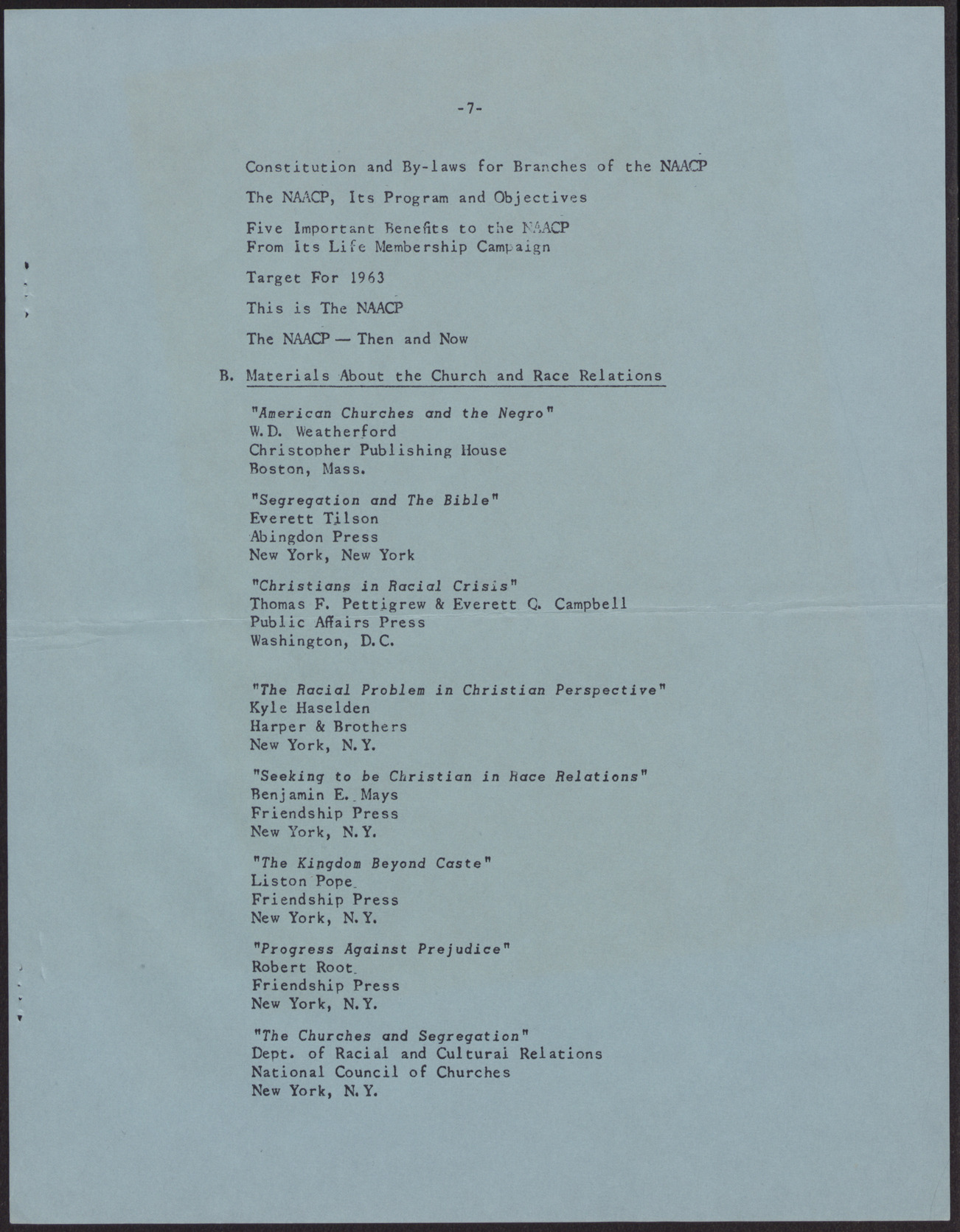 Program Suggestions for Branch Church Committees of the National Association for the Advancement of Colored People (9 pages), no date, page 10