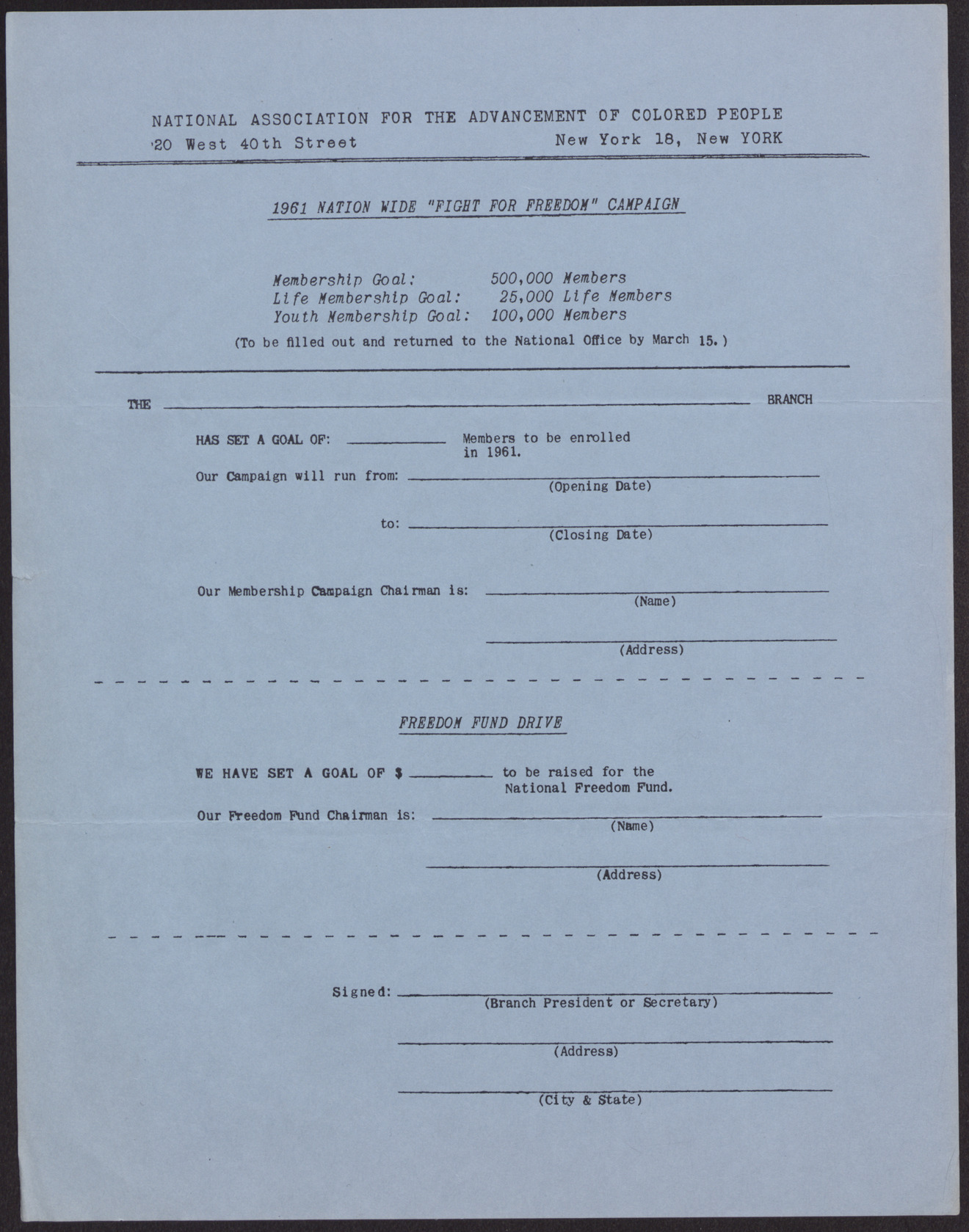 Blank form for the 1961 Nationwide "Fight for Freedom" Campaign