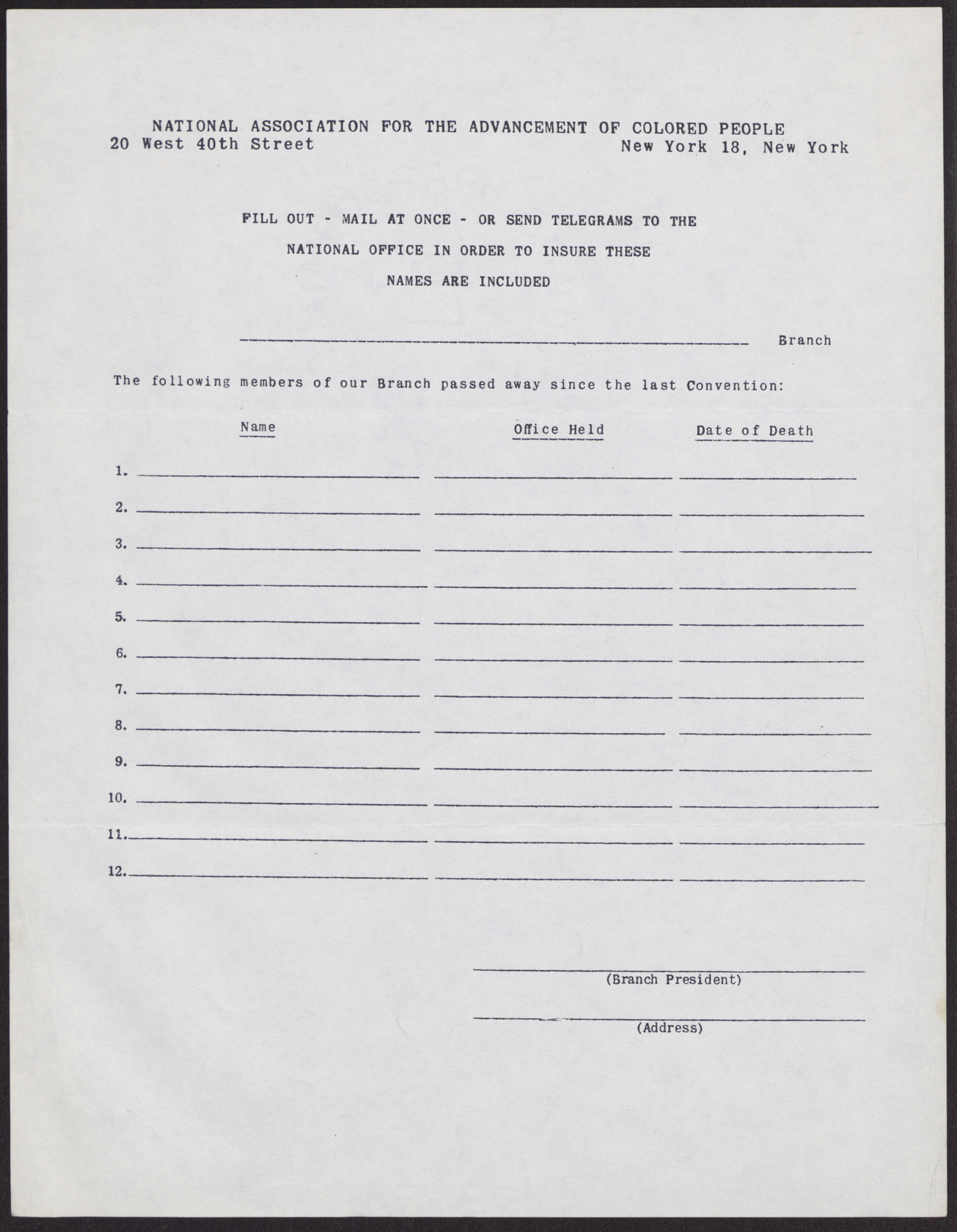 Blank form regarding the deaths of NAACP branch members, no date