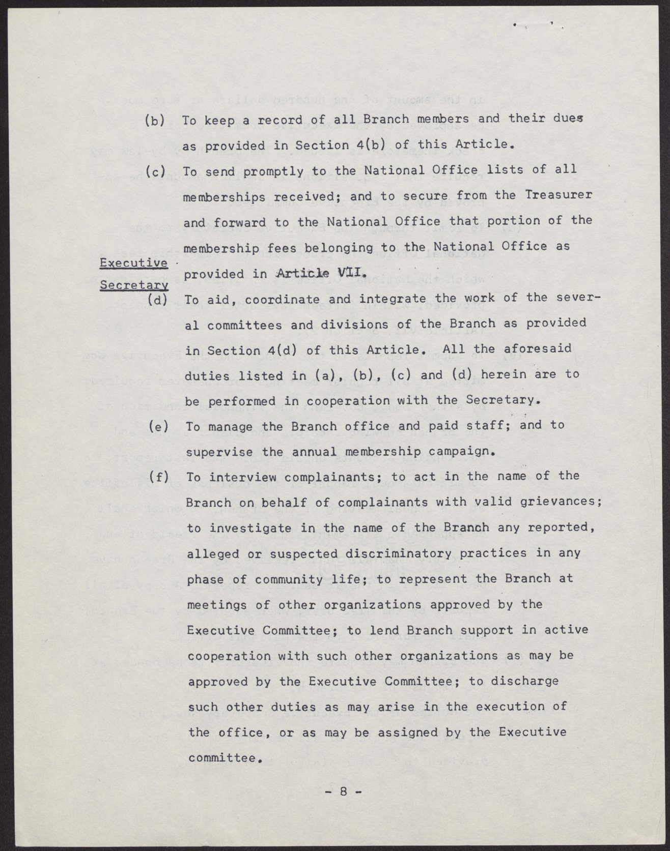 Amended Constitution and By-laws for branches of the NAACP (36 pages), no date, page 8