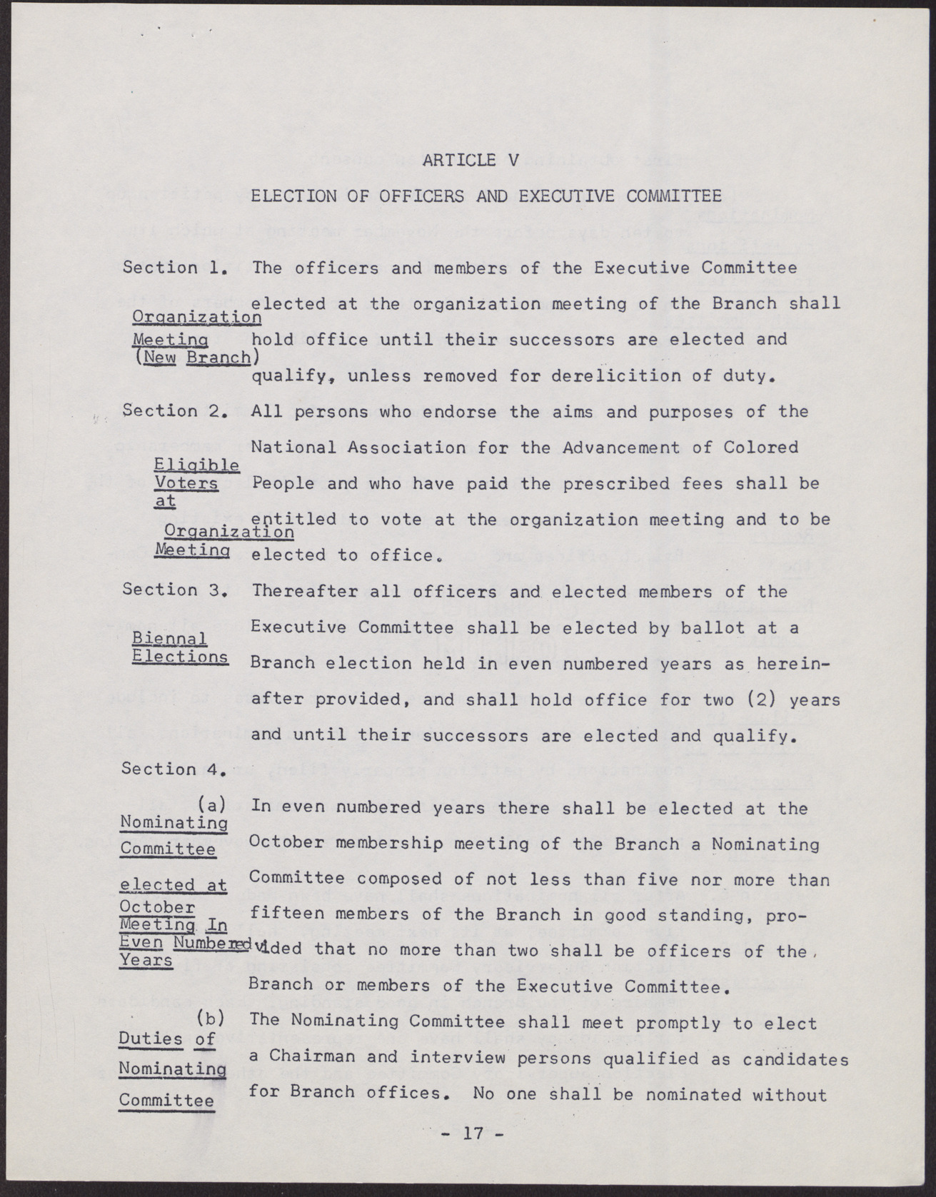 Amended Constitution and By-laws for branches of the NAACP (36 pages), no date, page 17
