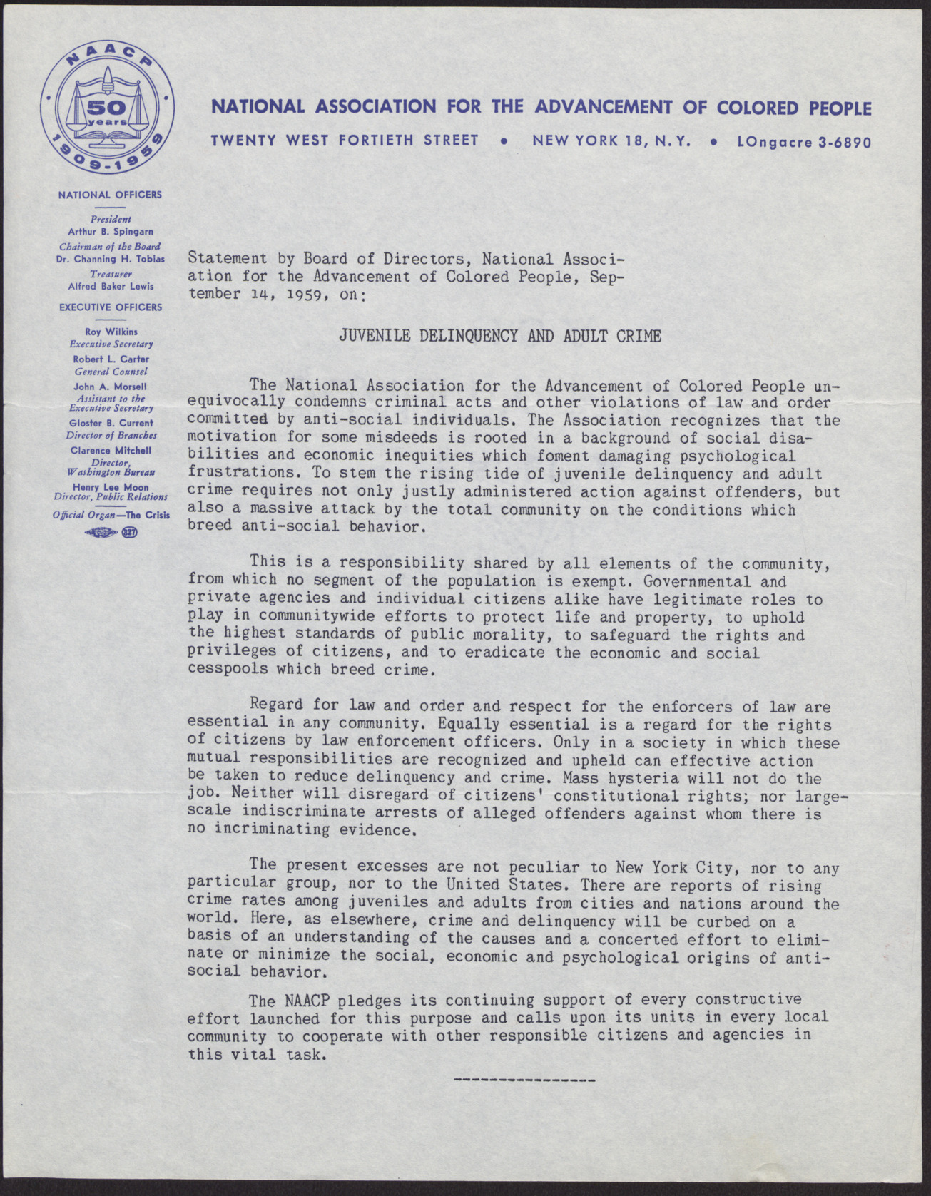 NAACP Board of Directors' Statement on Juvenile Delinquency and Adult Crime, September 14, 1959