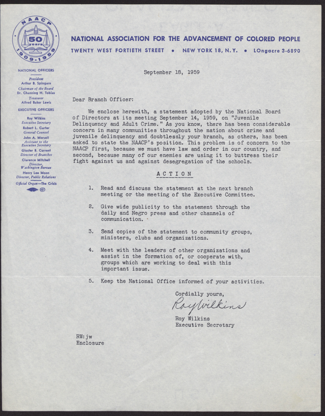 Letter to an unnamed NAACP regional branch officer from Roy Wilkins, September 18, 1959