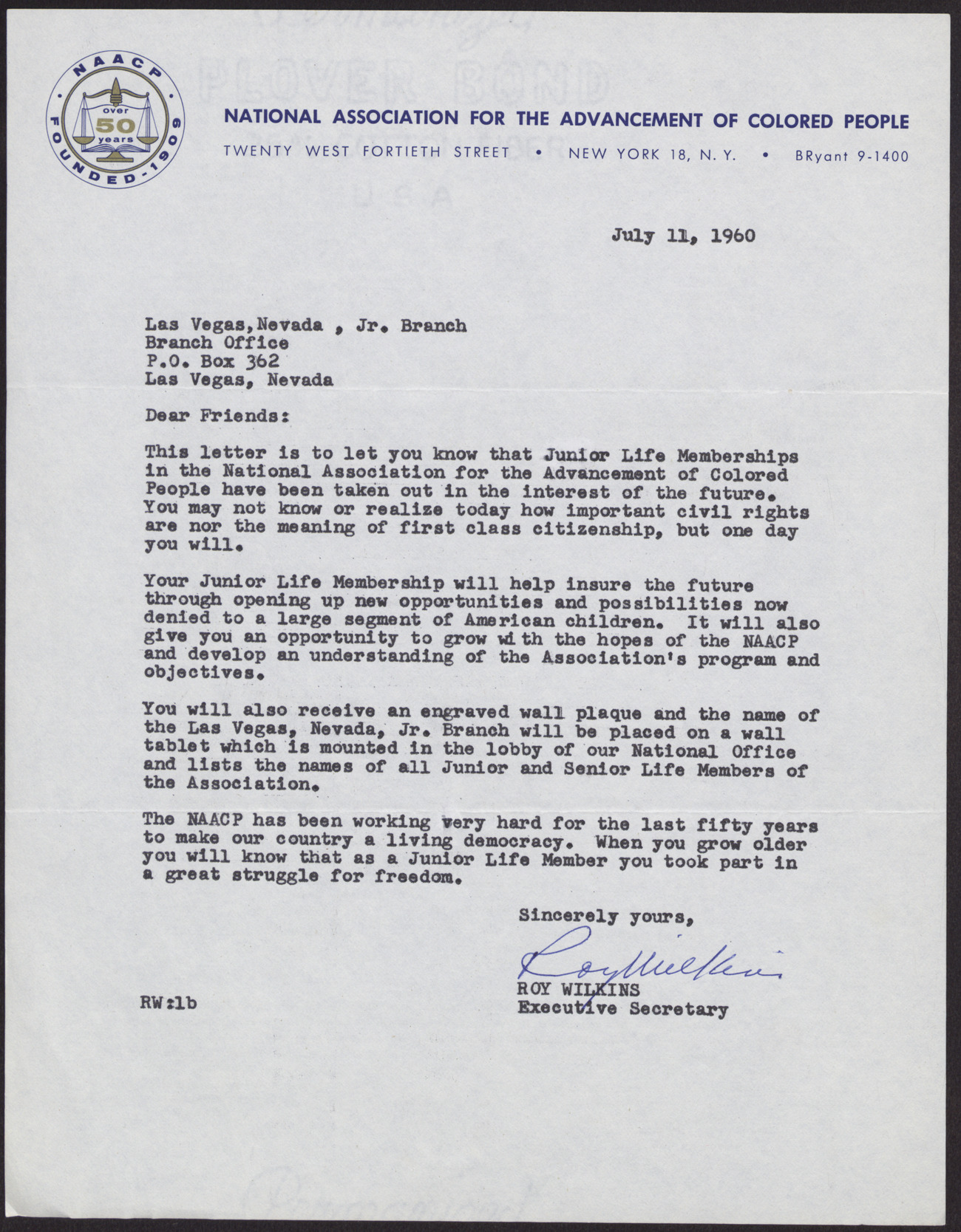 Letter regarding NAACP Junior Life Memberships from Roy Wilkins, July 11, 1960