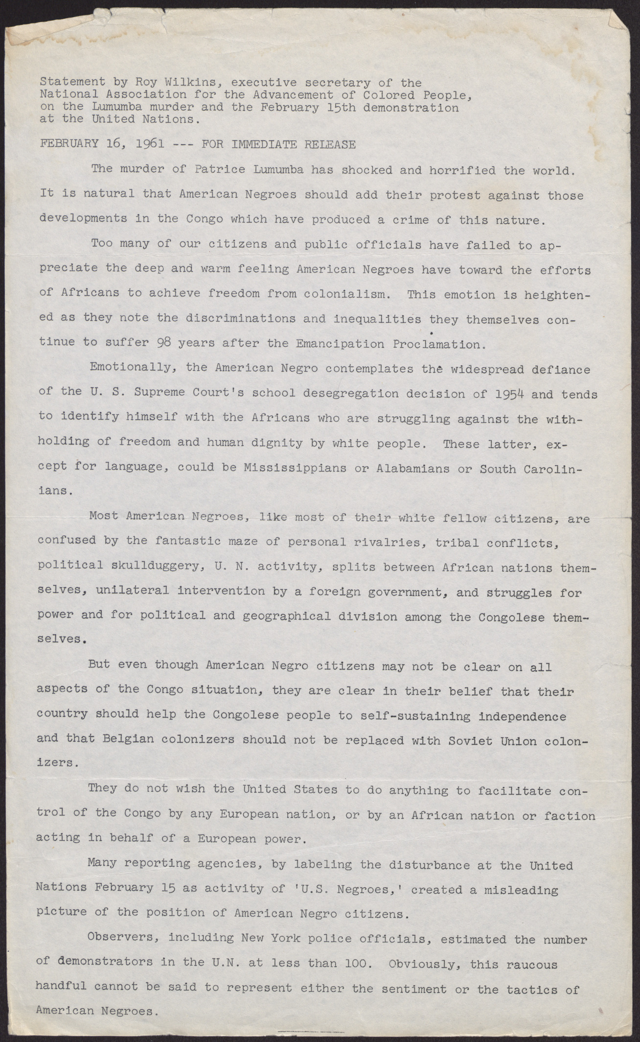 Statement by Roy Wilkins, executive secretary of the NAACP, on the Lumumba murder and the February 15th demonstration at the United Nations, February 16, 1961