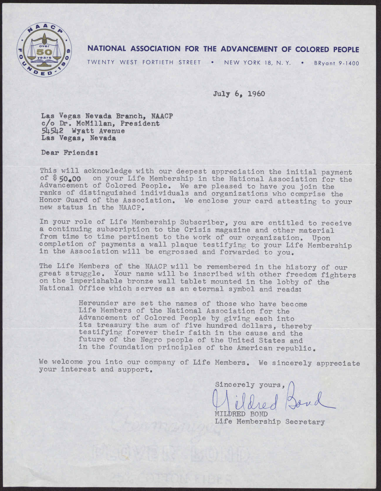 Letter to Las Vegas NAACP branch from Mildred Bond, July 6, 1960