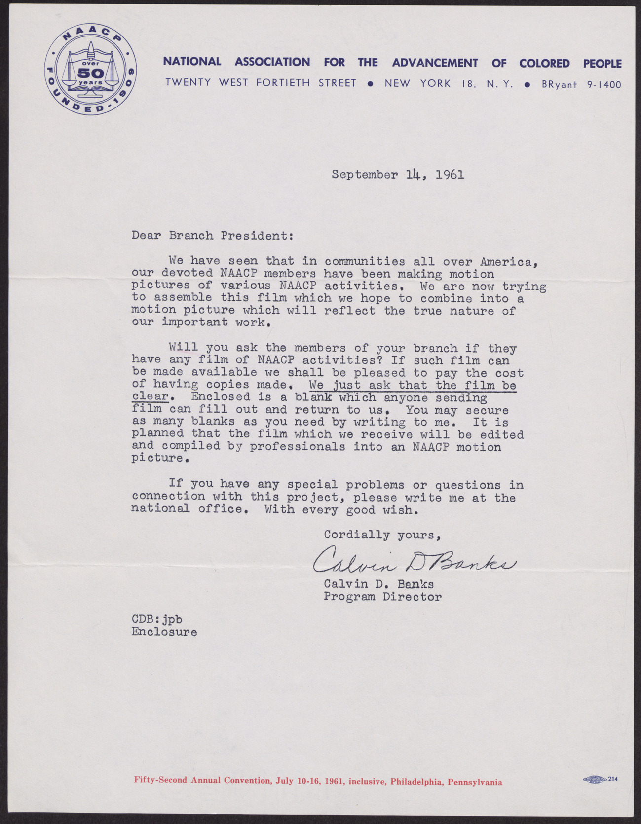 Letter to NAACP regional branch presidents from Calvin D. Banks, September 14, 1961