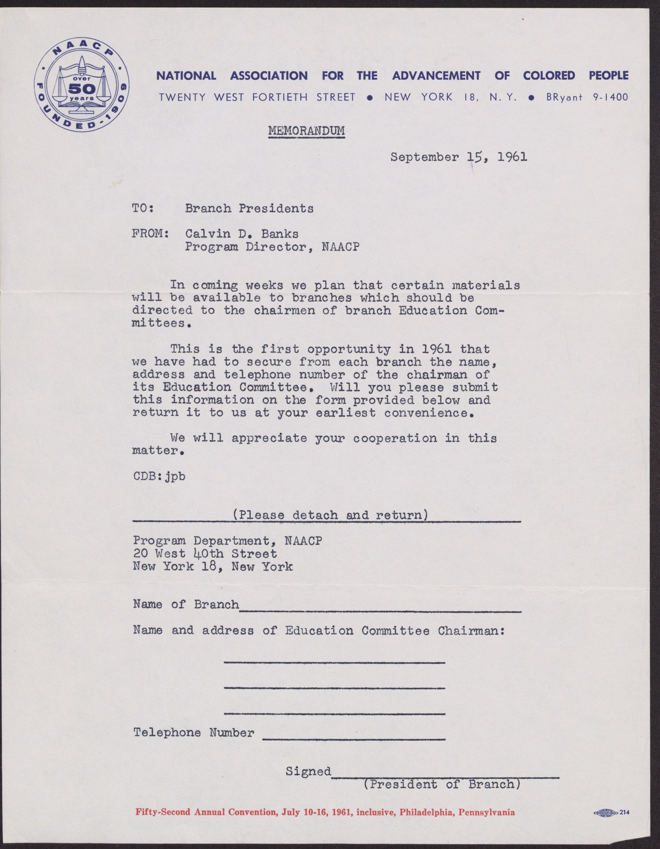 Letter to NAACP regional branch presidents from Calvin D. Banks, September 15, 1961