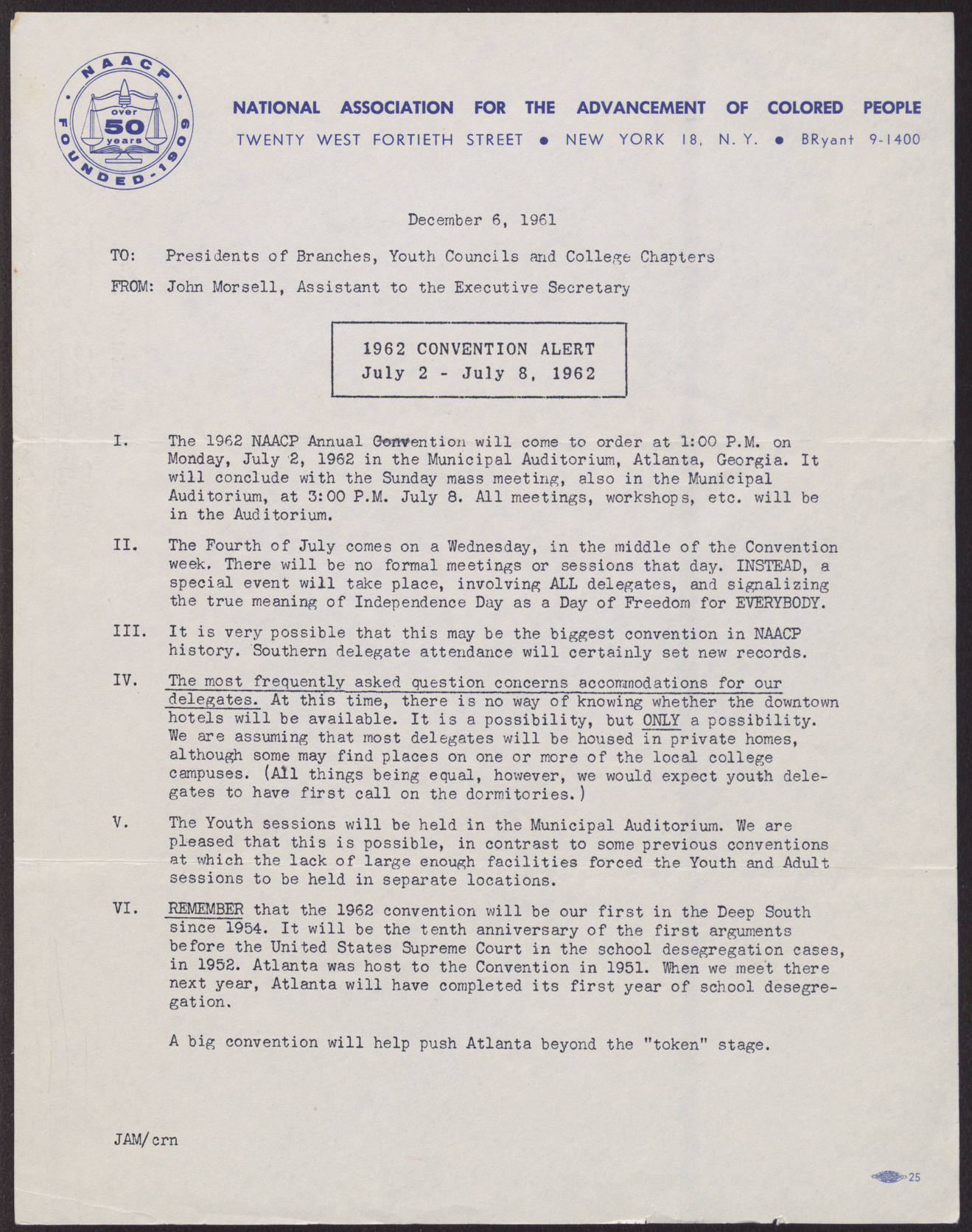Letter to Presidents of NAACP Branches, Youth Councils and College Chapter from John Morsell, December 6, 1961