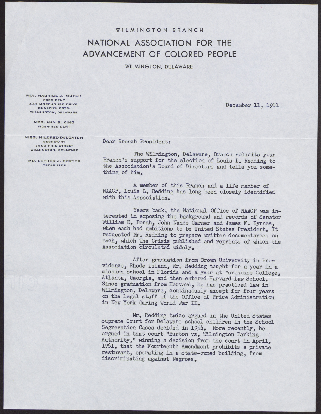 Letter to [unnamed] Branch President from the NAACP Wilmington, Delaware Branch, December 11, 1961