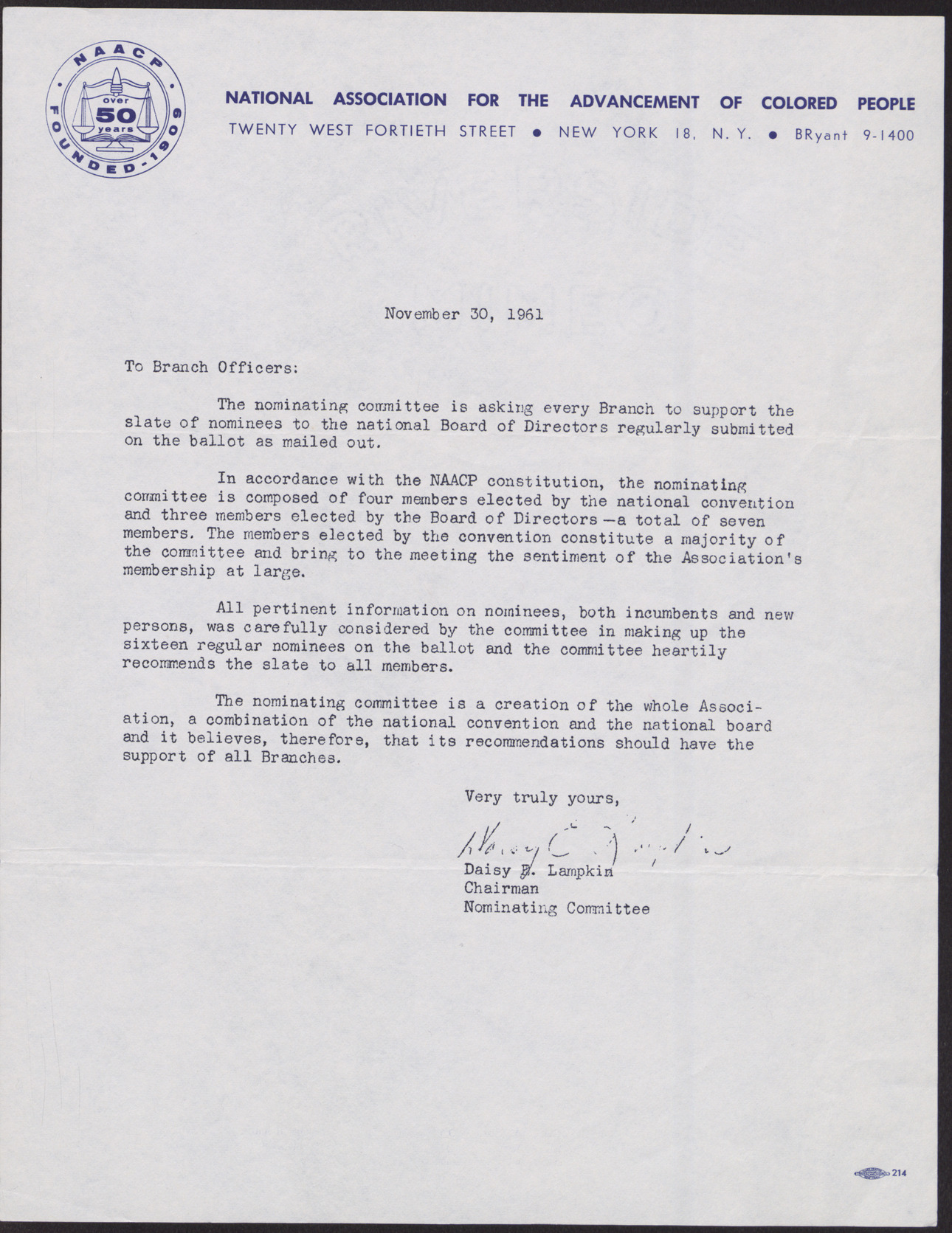 Letter to [unnamed] NAACP Branch Officers from Daisy E. Lampkin, November 30, 1961