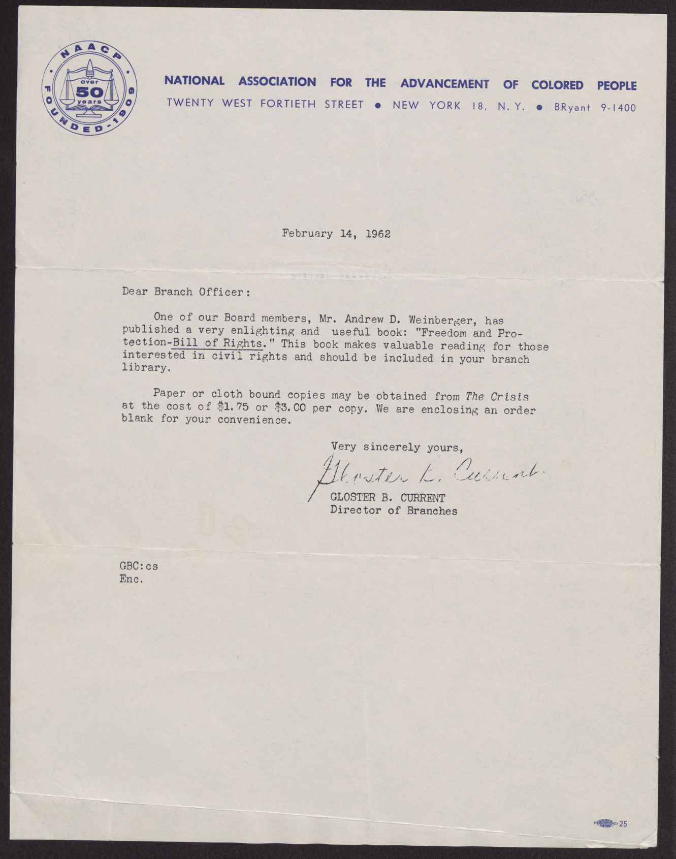 Letter to [unnamed] NAACP Branch Officer from Gloster B. Current, February 14, 1962