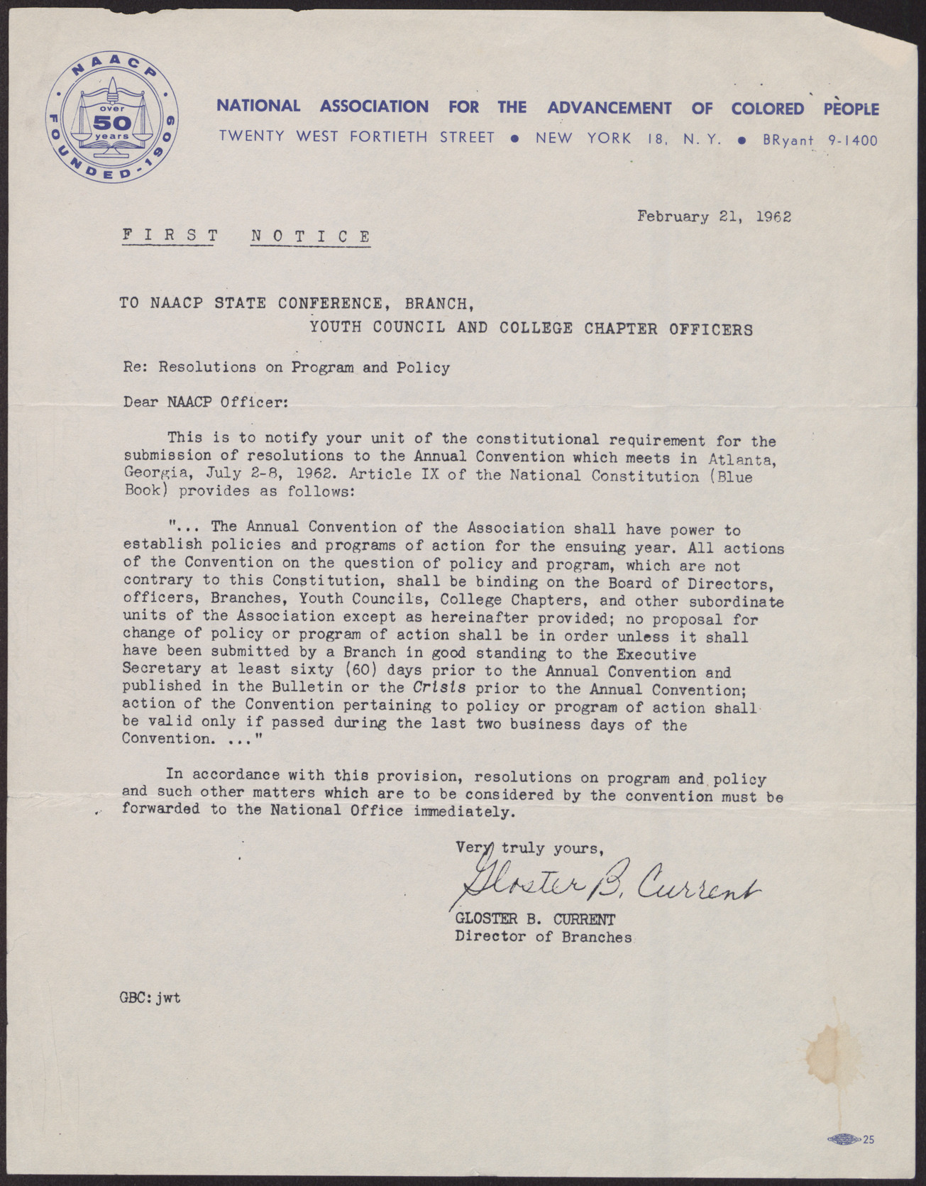 Letter to NAACP Officers from Gloster B. Current, February 21, 1962