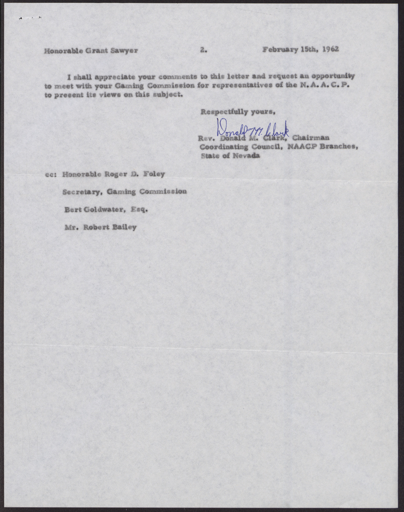 Letter to Governor Grant Sawyer from Rev. Donald M. Clark, (2 pages) February 15, 1962, page 2