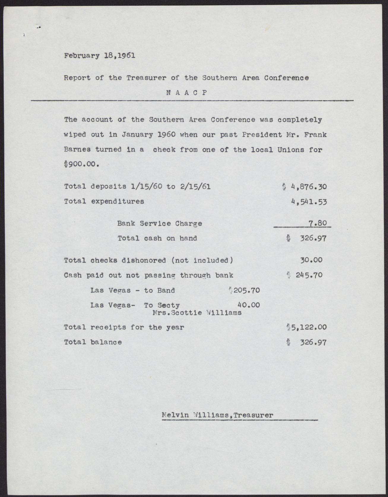 Treasury Report for the NAACP Southern Area Conference (attached by paperclip to B01FO12It01), February 18, 1961