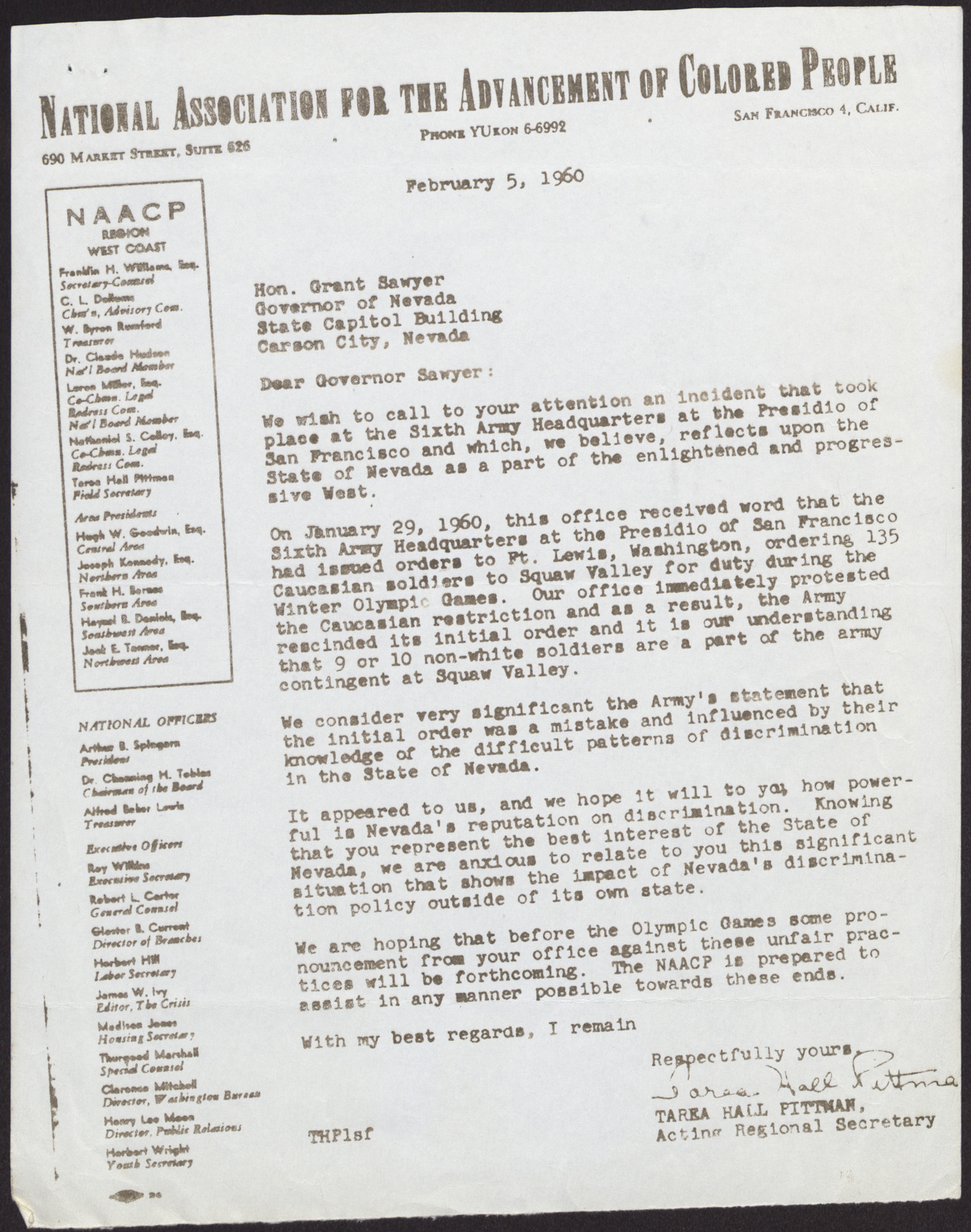 Letter to Grant Sawyer from Tarea Hall Pittman, February 5, 1960