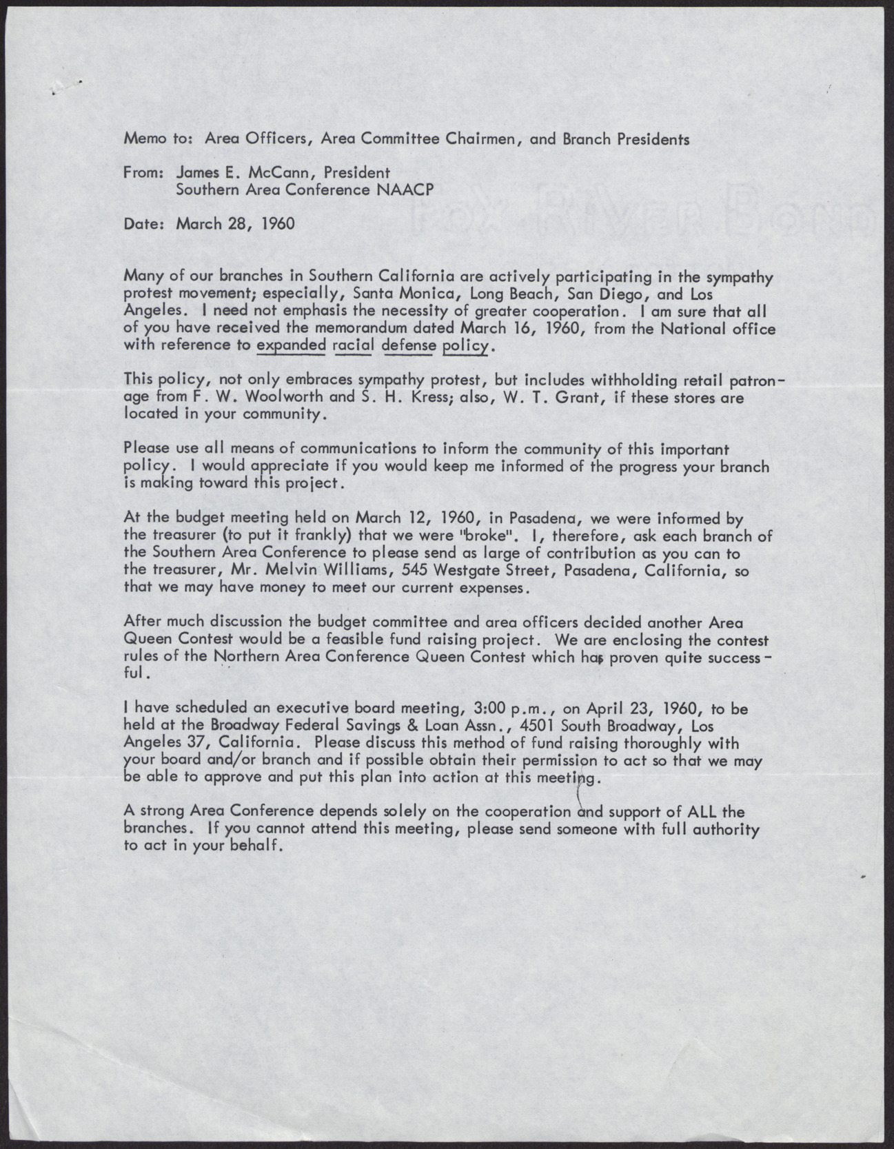 Memo to NAACP Area Officers, Area Committee Chairmen, and Branch Presidents from James E. McCann, March 28, 1960