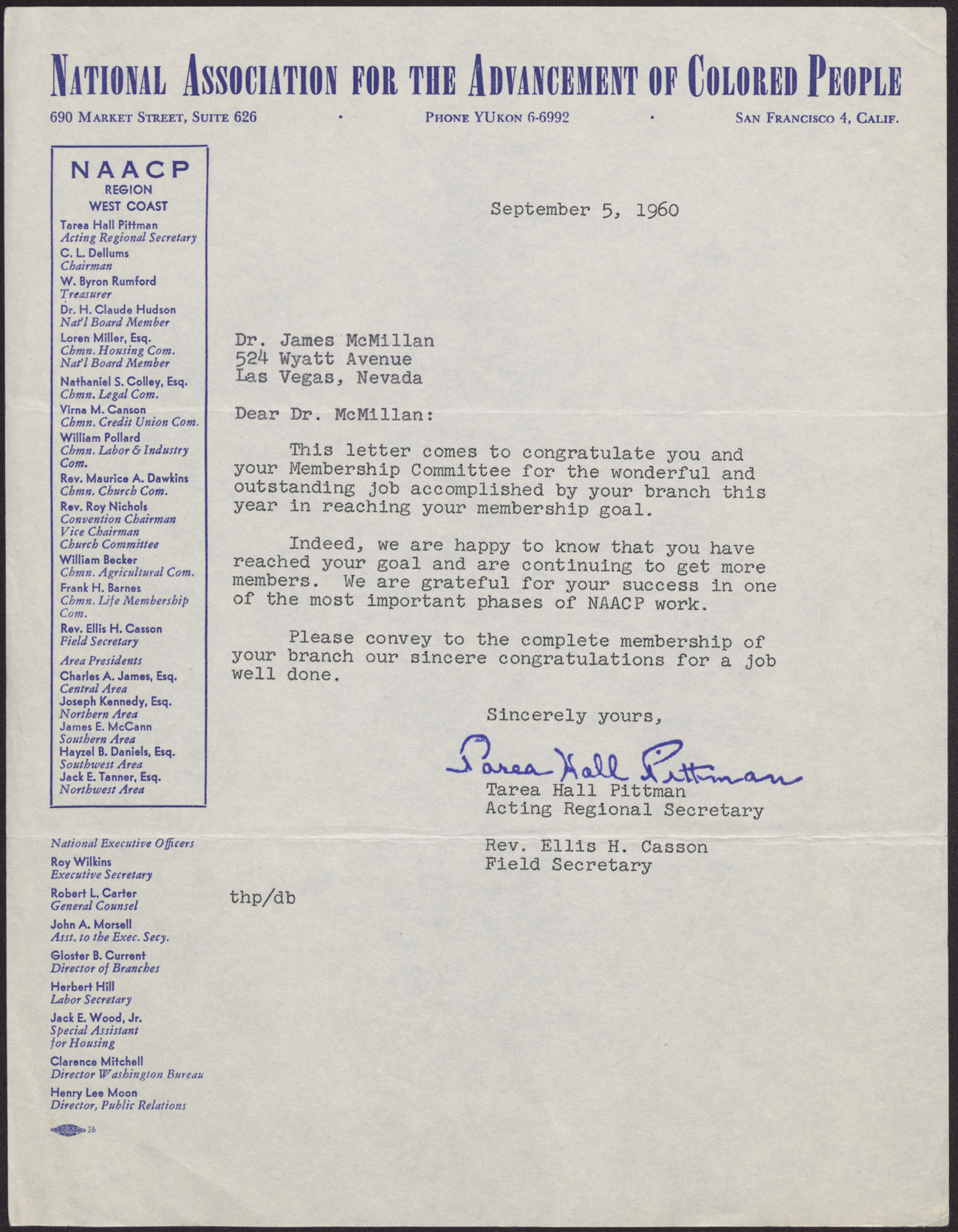 Letter to Dr. James McMillan from Tarea Hall Pittman, September 5, 1960