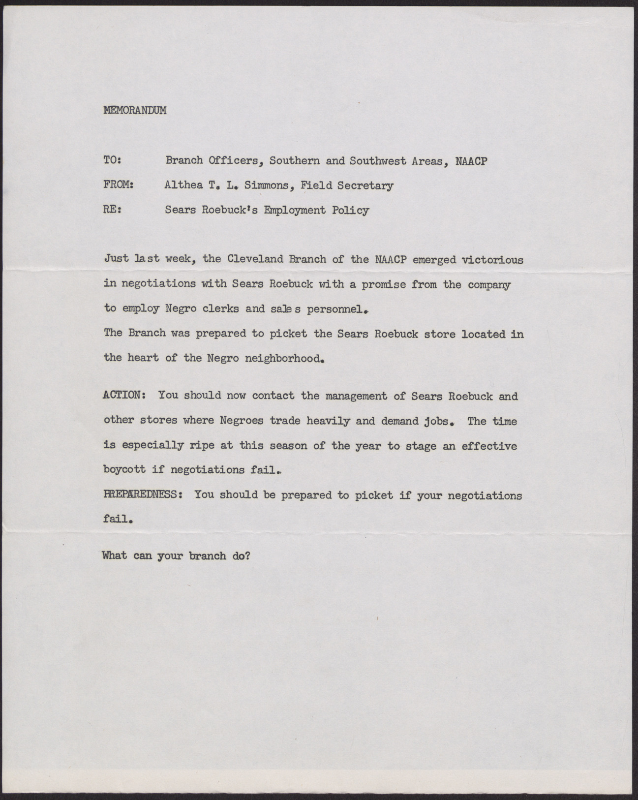 Memorandum to NAACP Branch Officers, Southern and Southwest Areas from Althea T. L. Simmons, no date given