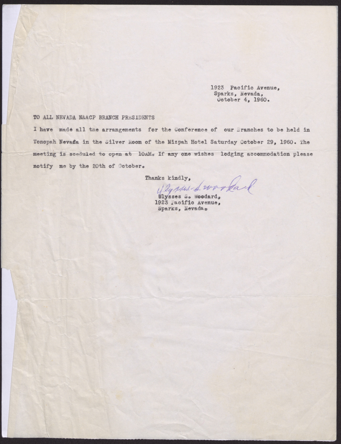 Letter to Nevada NAACP Branch Presidents from Ulysses S. Woodard, October 4, 1960