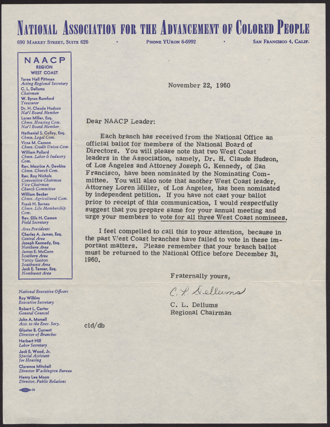 Letter to unnamed NAACP Leaders from C. L. Dellums, November 22, 1960