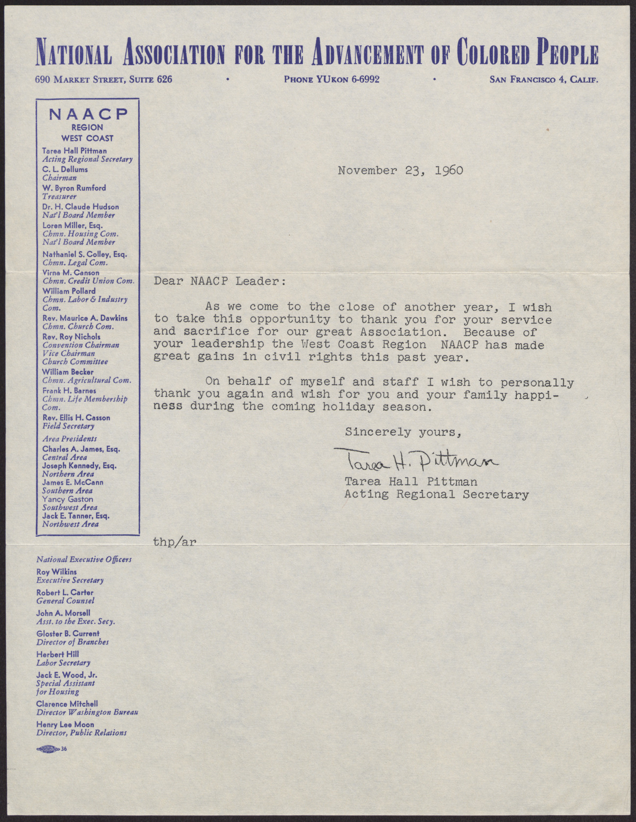 Letter to unnamed NAACP Leaders from Tarea Hall Pittman, November 23, 1960