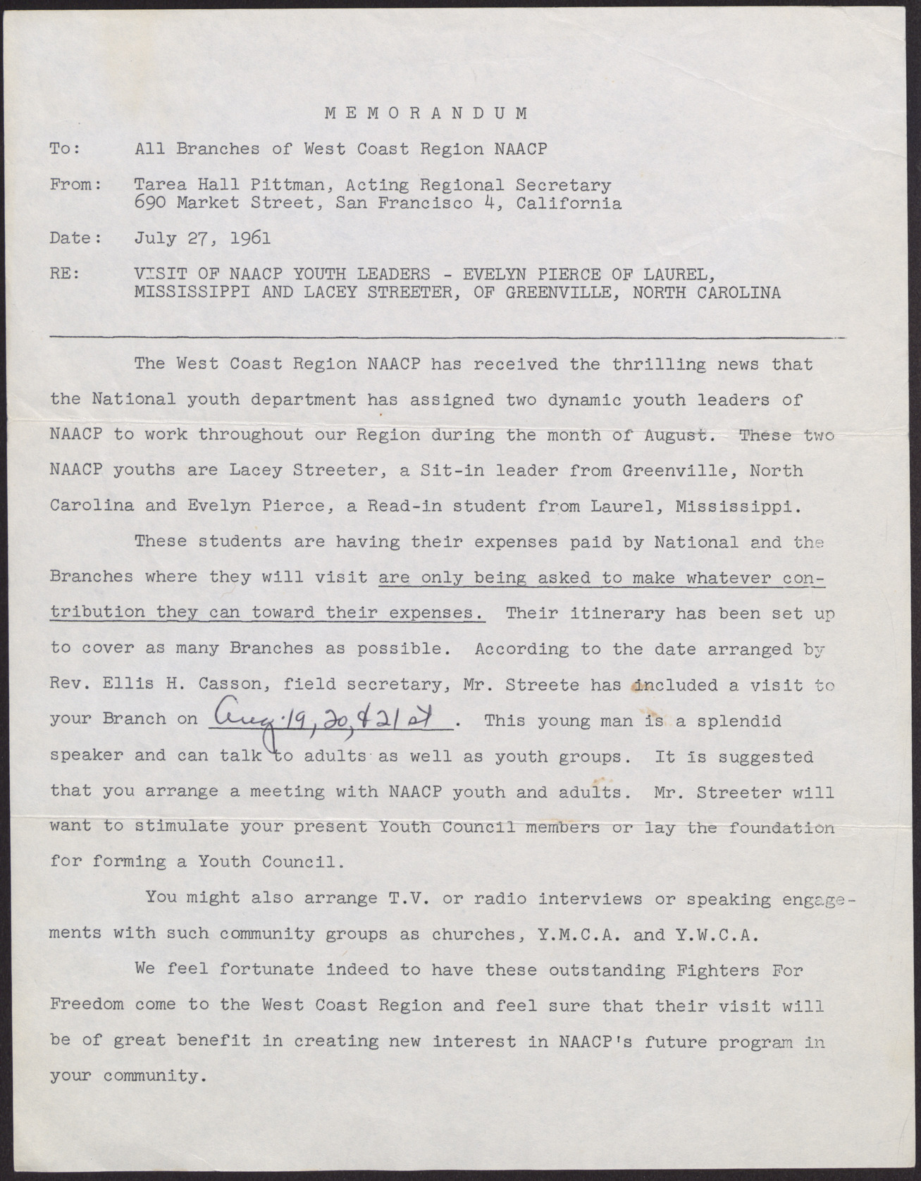 Memorandum to All Branches of West Coast Region NAACP from Tarea Hall Pittman, July 27, 1961