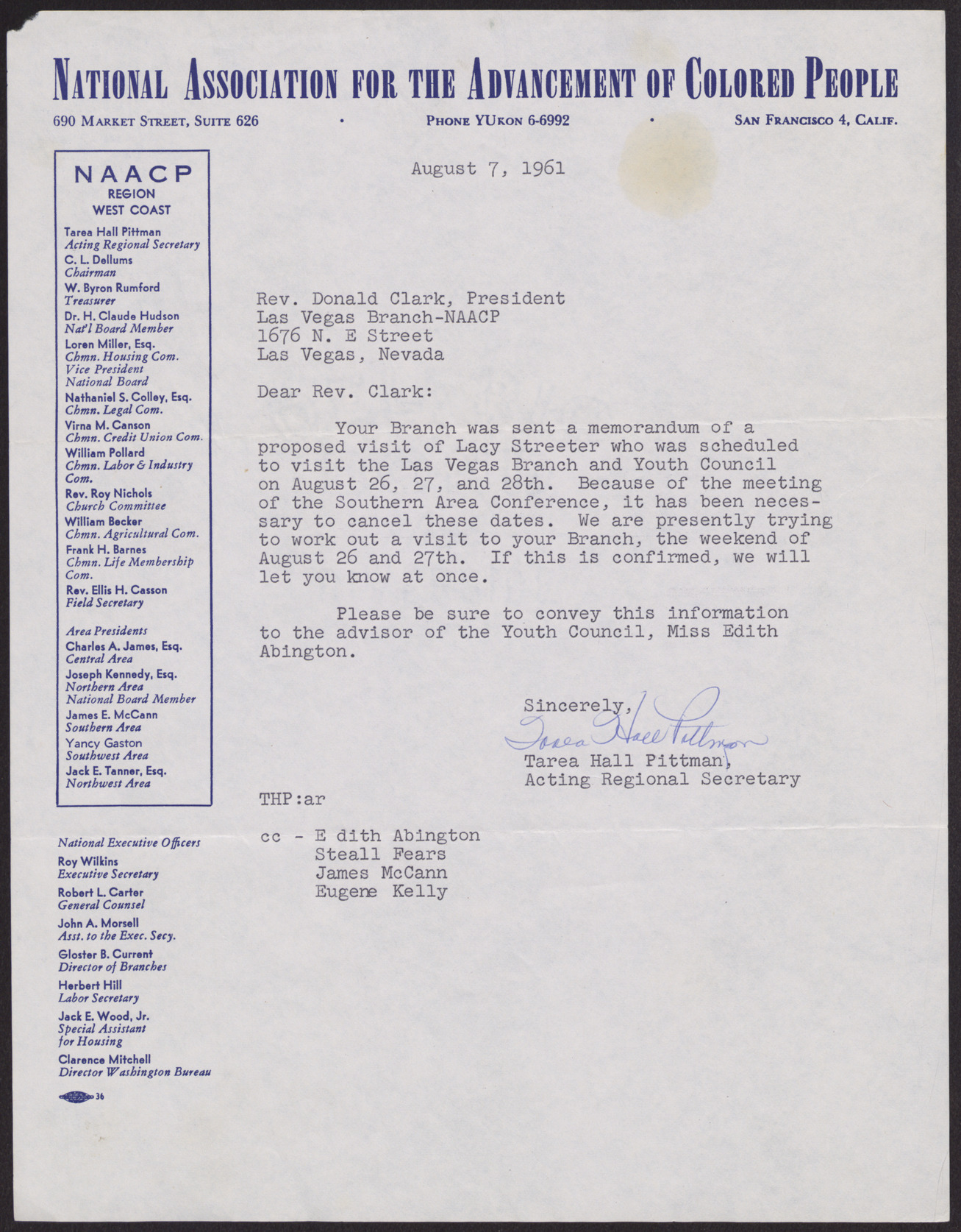 Letter to Rev. Donald Clark from Tarea Hall Pittman, August 7, 1961