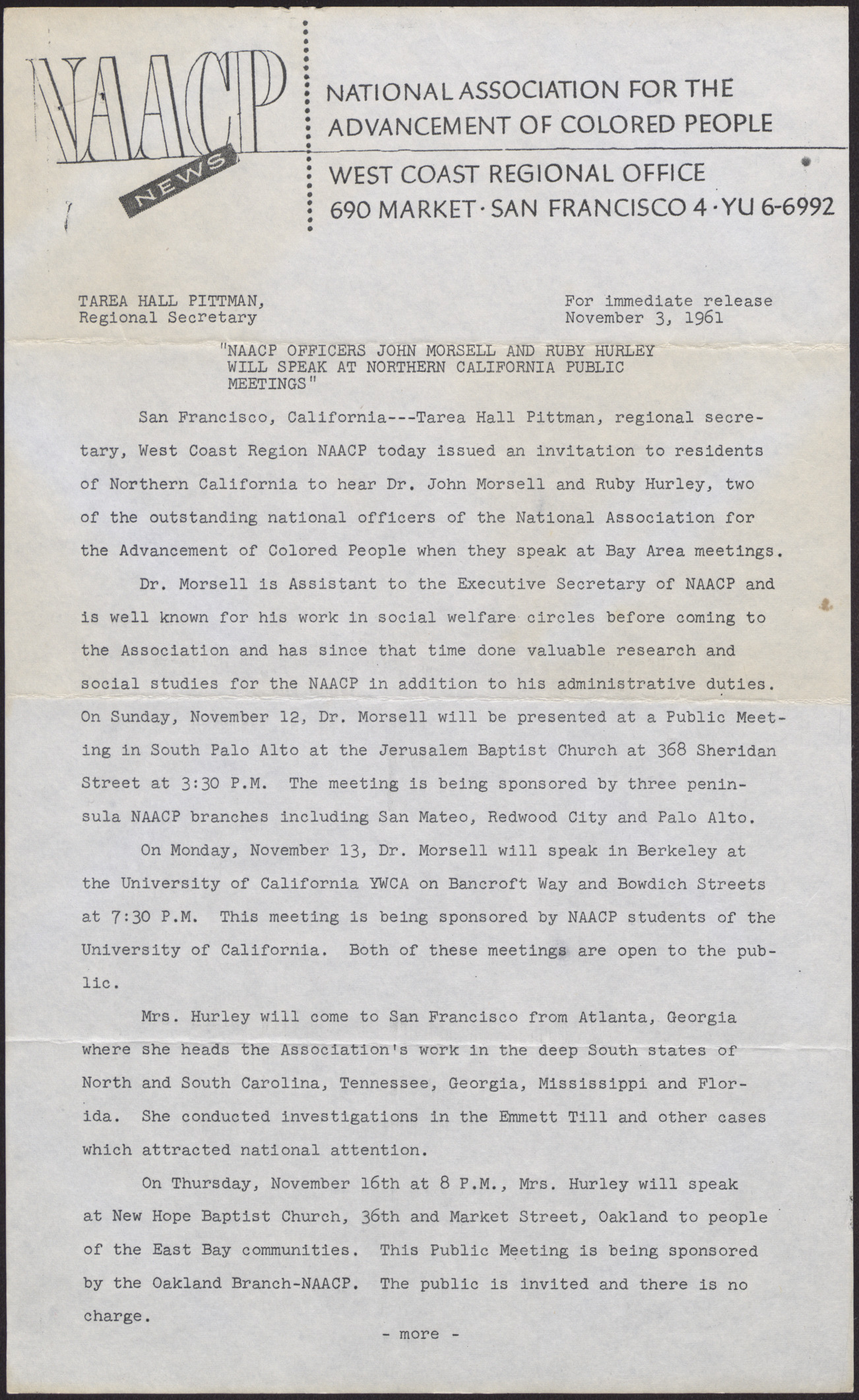 NAACP news letter (3 pages), November 3, 1961