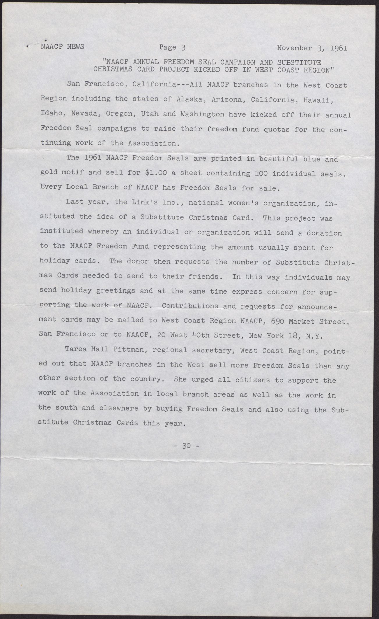 NAACP news letter (3 pages), November 3, 1961, page 3