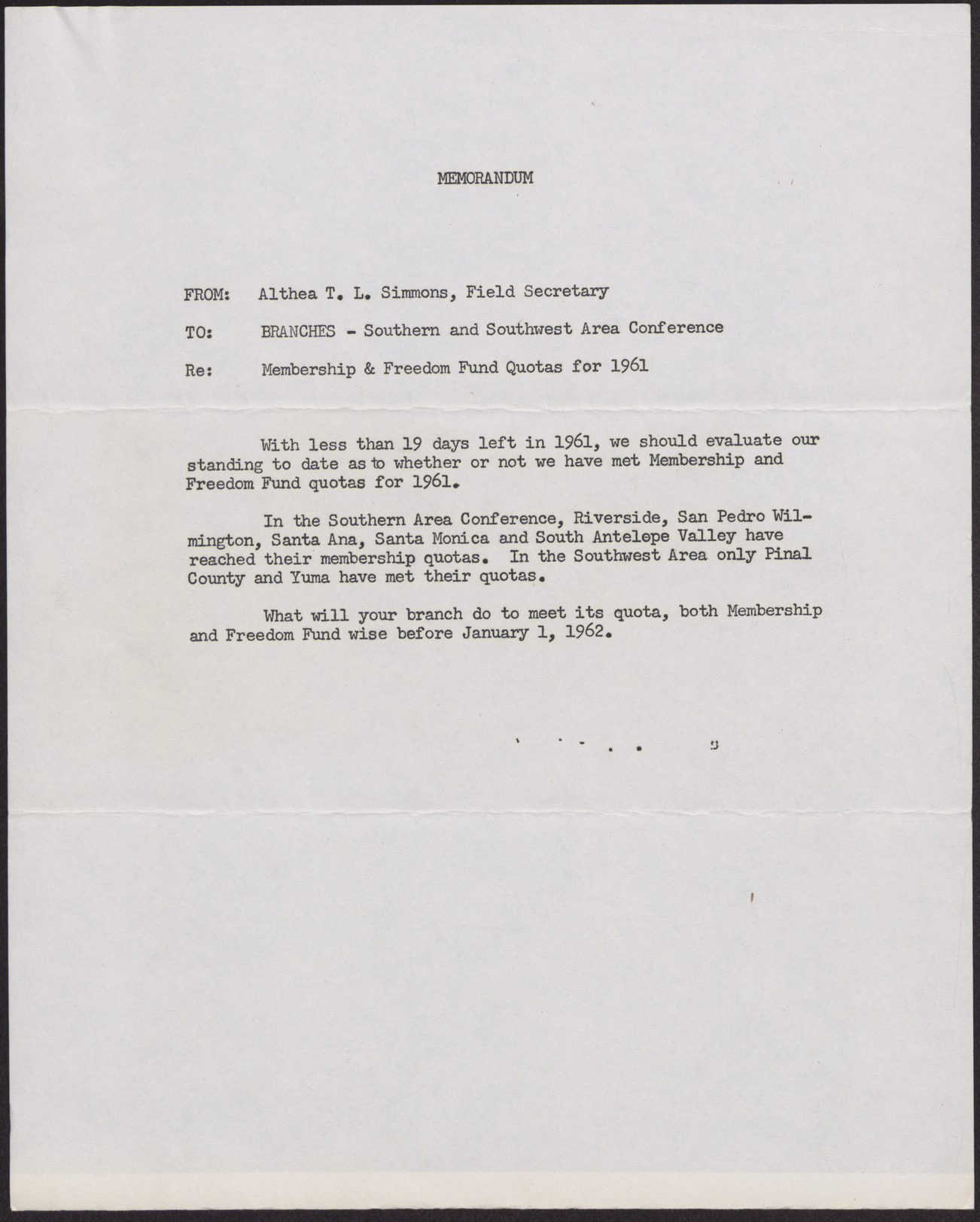 Memorandum to NAACP Branches- Southern and Southwest Area Conference from Althea T. L. Simmons, no date