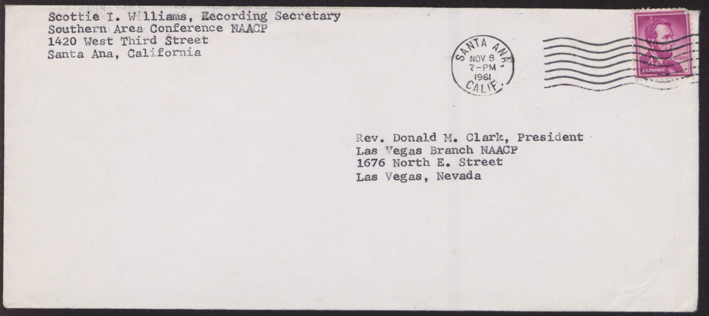 Envelope addressed to Rev. Donald M. Clark from Scottie I. Williams, postmarked November 8, 1961