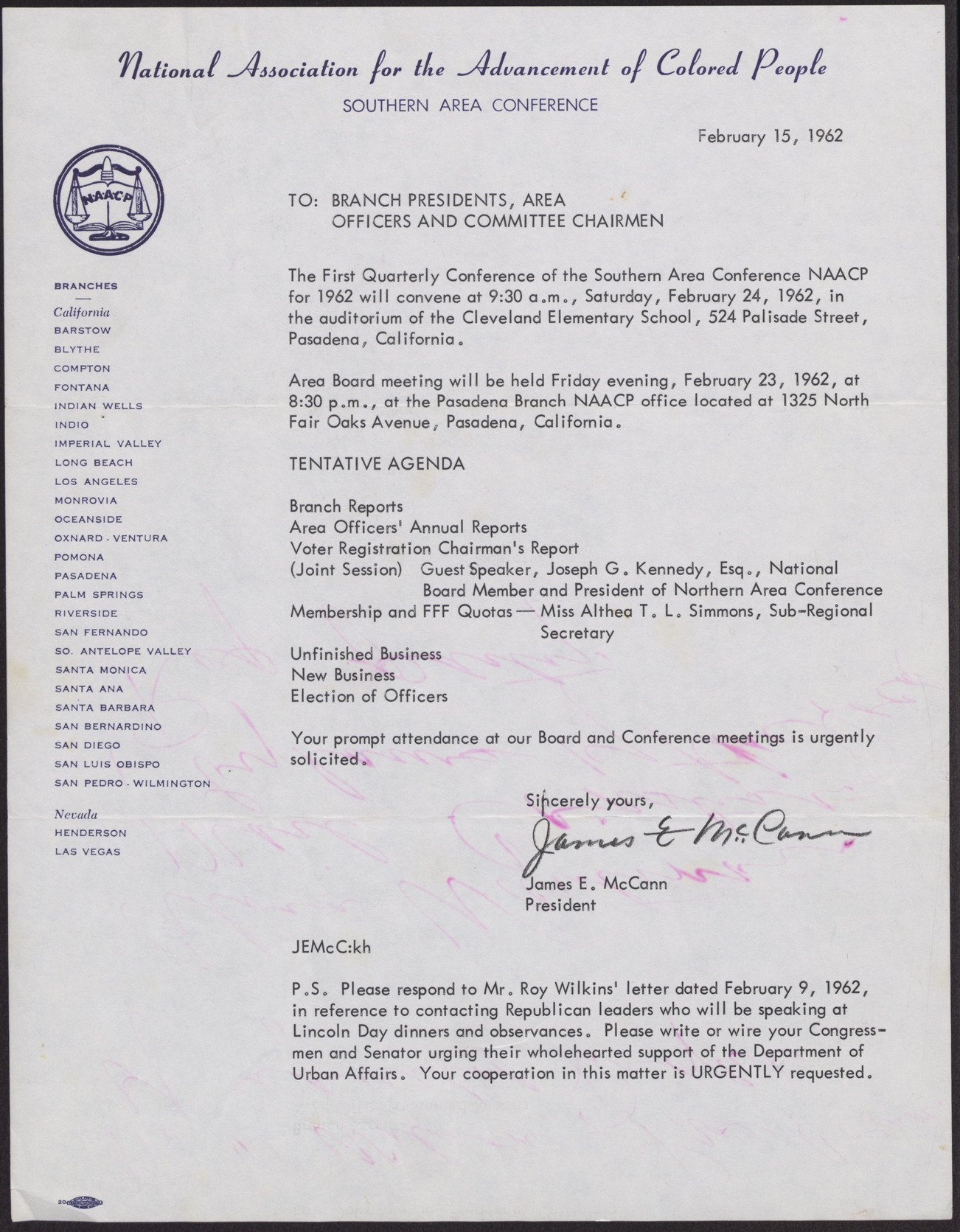 Letter to NAACP Branch Presidents, Area Officers, and Committee Chairmen from James E. McCann, February 15, 1962