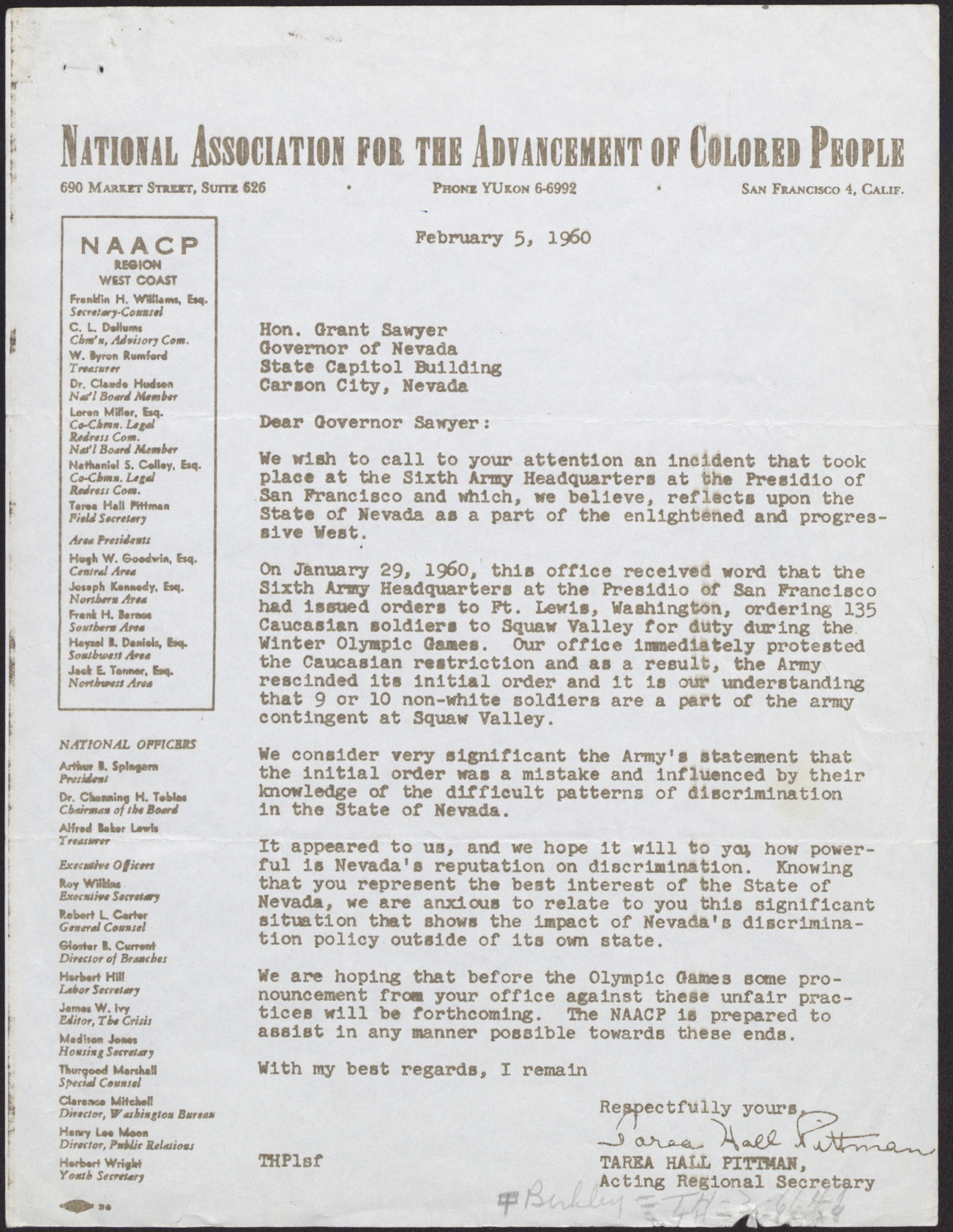 Letter to Grant Sawyer from Tarea Hall Pittman (3 copies attached by paperclip), February 5, 1960