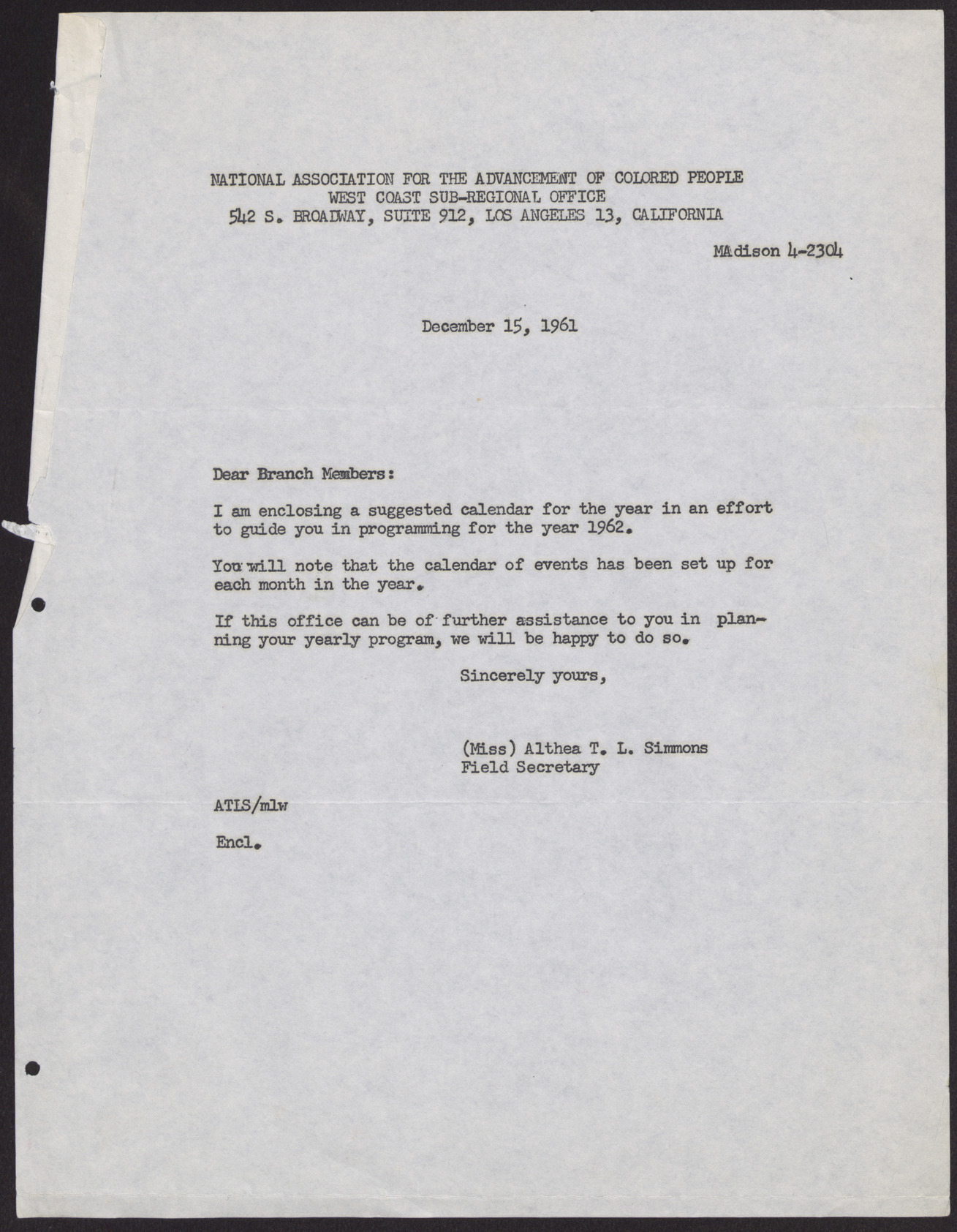 Letter and suggested calendar for 1962 to NAACP Branch members from Althea T. L. Simmons (2 pages), December 15, 1961