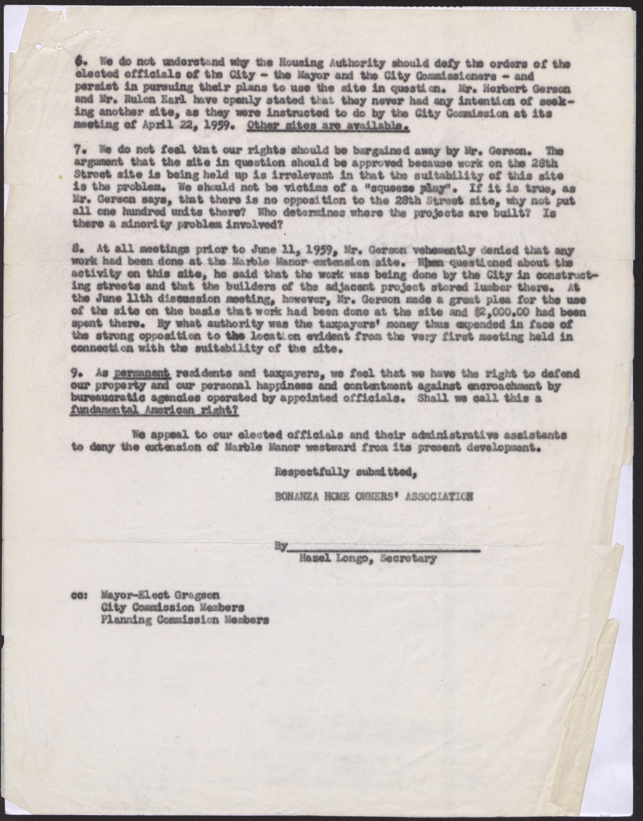 Response from the Bonanza Home Owners' Association regarding a "Low rent public housing site at Washington and McWilliams Streets" proposal, June 16, 1959, page 2