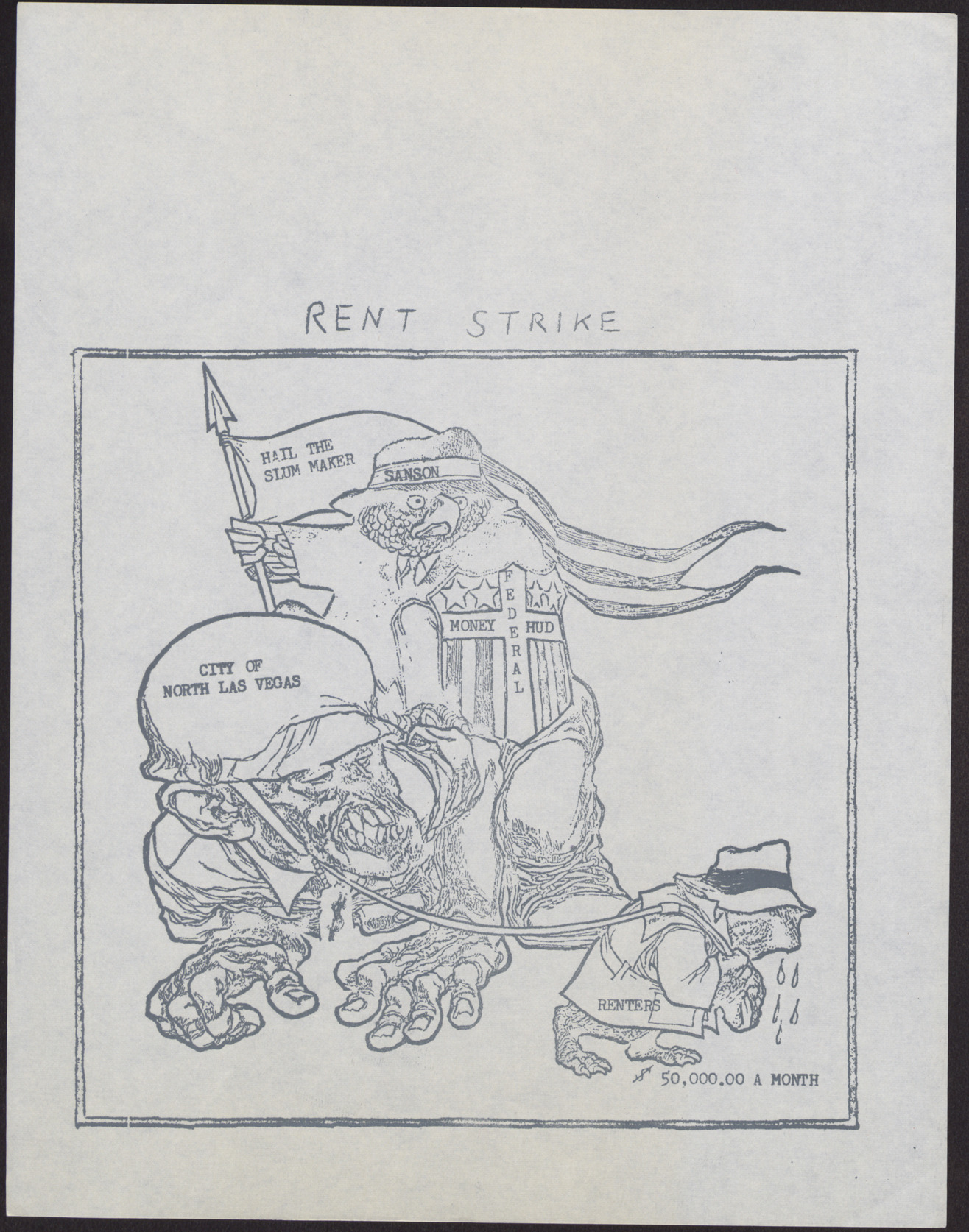 Copy of a political cartoon regarding a rent strike, no date