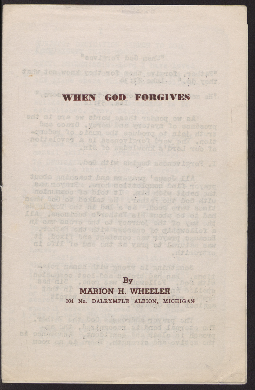 Pamphlet, When God Forgives, by Marion H. Wheeler, no date (5 images)